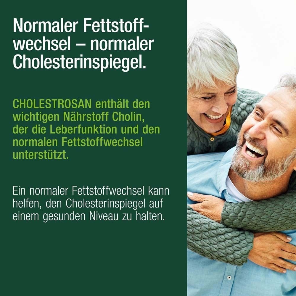 Couple de personnes âgées riant. Cholestrosan contient de la choline. Soutient le métabolisme normal des graisses et le taux de cholestérol.