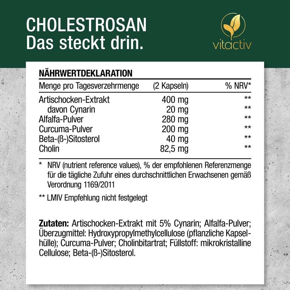 Déclaration nutritionnelle pour Cholestrosan. Ingrédients: Extrait d'artichaut, cynarine, poudre de luzerne, poudre de curcuma, bêta-(ß)-sitostérol, choline.