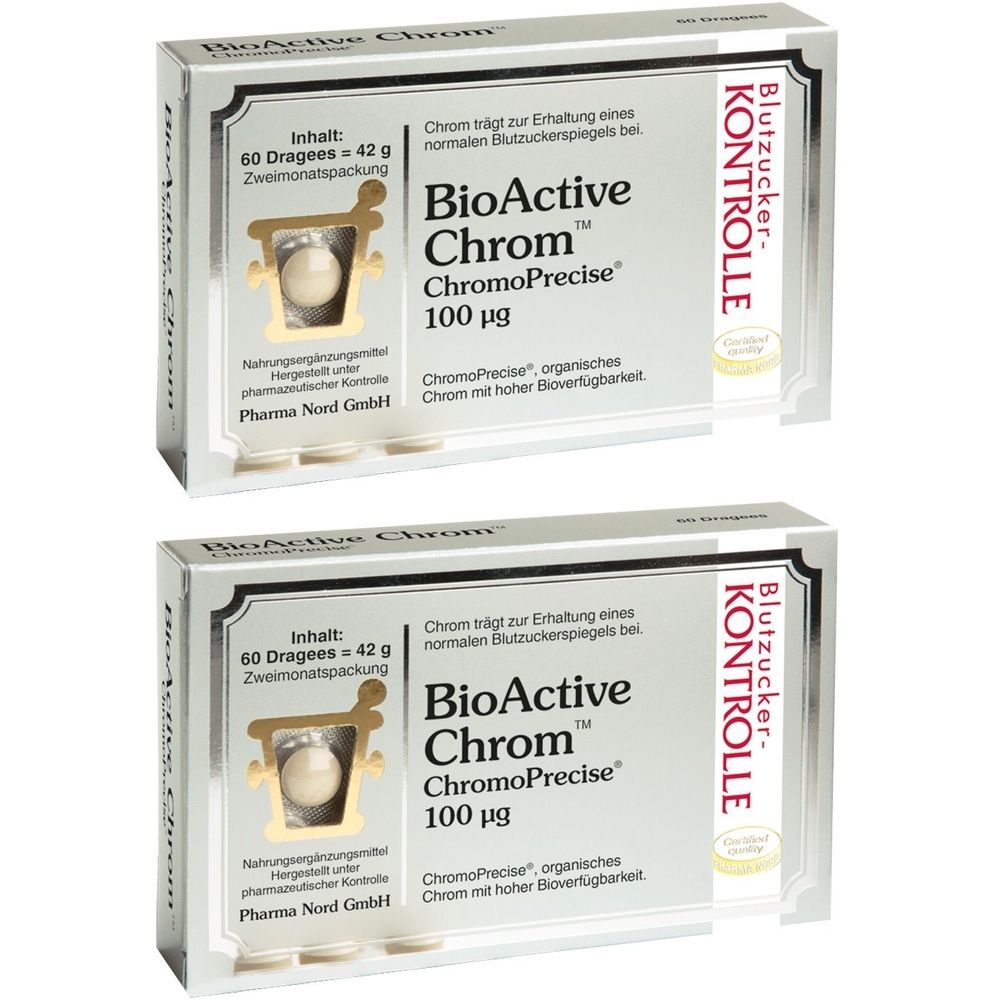 Deux boîtes de BioActive Chrom. Inscription: 60 comprimés, ChromoPrecise 100 µg. Avec sceau de contrôle de la glycémie.