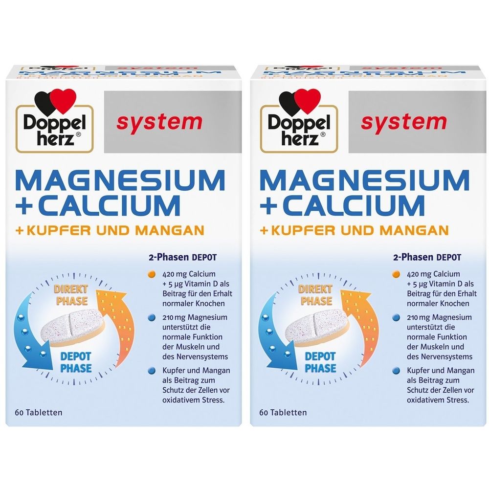 Zwei Packungen Doppelherz system MAGNESIUM + CALCIUM + KUPFER UND MANGAN. Weiße Schachteln mit Produktinformationen und 60 Tabletten.