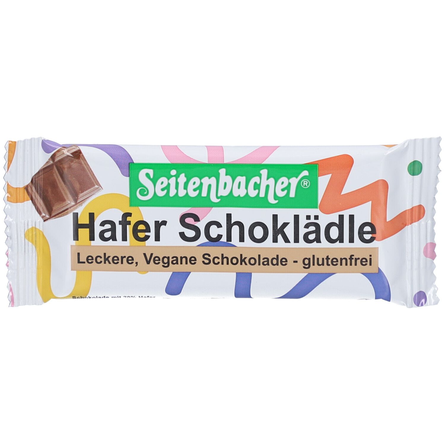 Verpackung mit Seitenbacher Hafer Schoklädle. Sichtbar: Produktname, Schokoladenstück, glutenfrei. Bunte Muster.