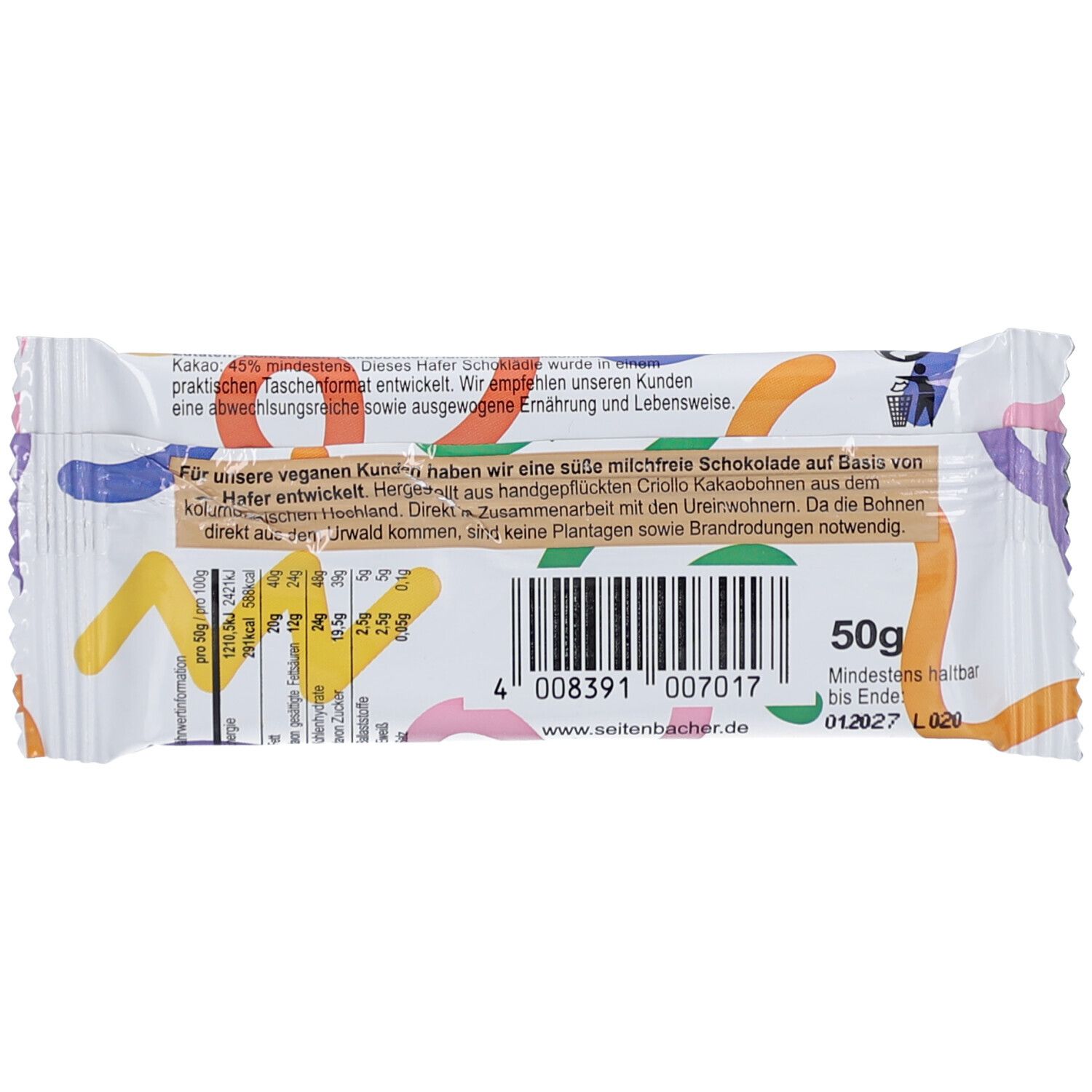 Rückseite der Verpackung von Seitenbacher Hafer Schoklädle. Barcode, 50g, Mindestens haltbar bis 01.2027. Text.