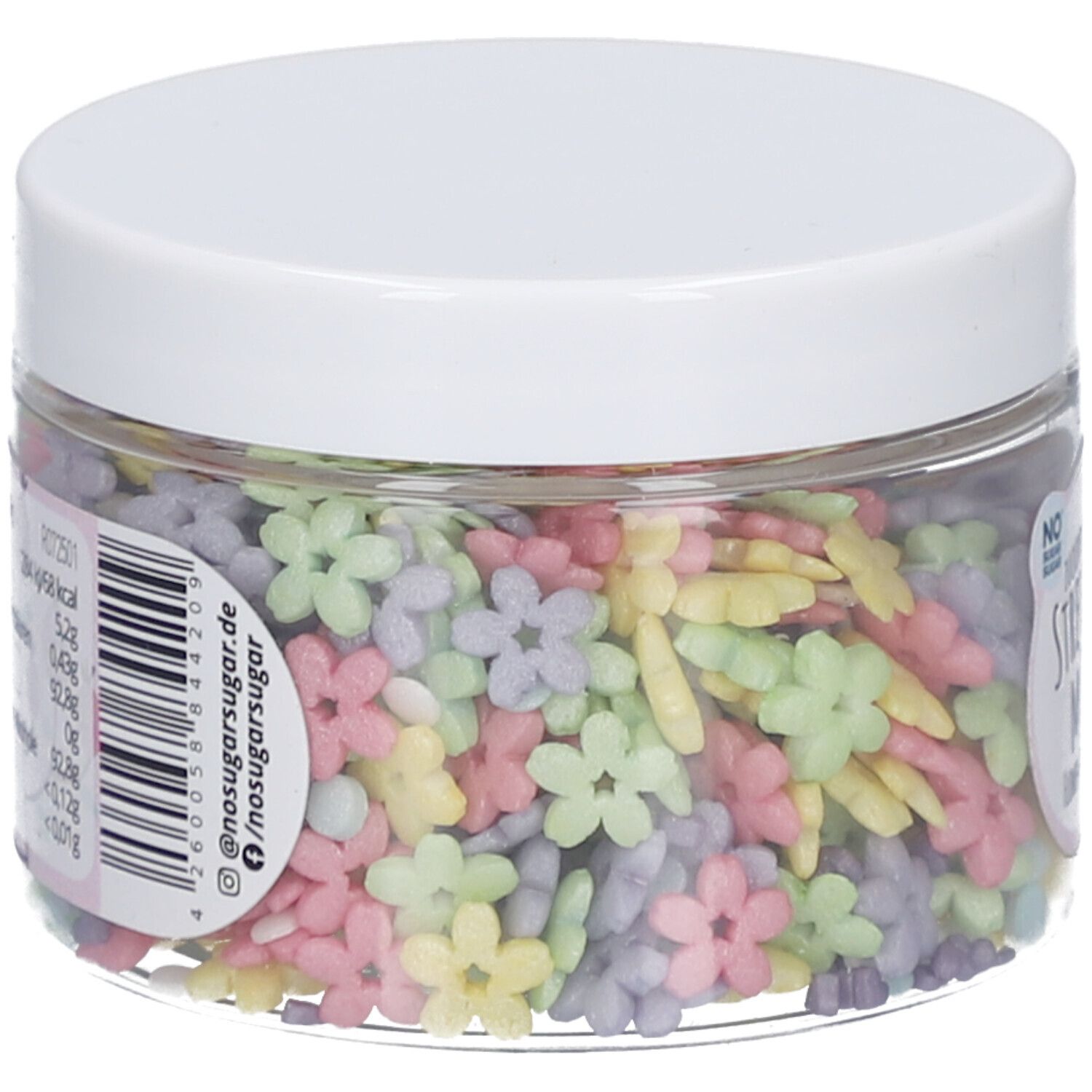 Pot transparent avec décorations florales colorées. Étiquette avec code-barres et texte. Couvercle blanc.