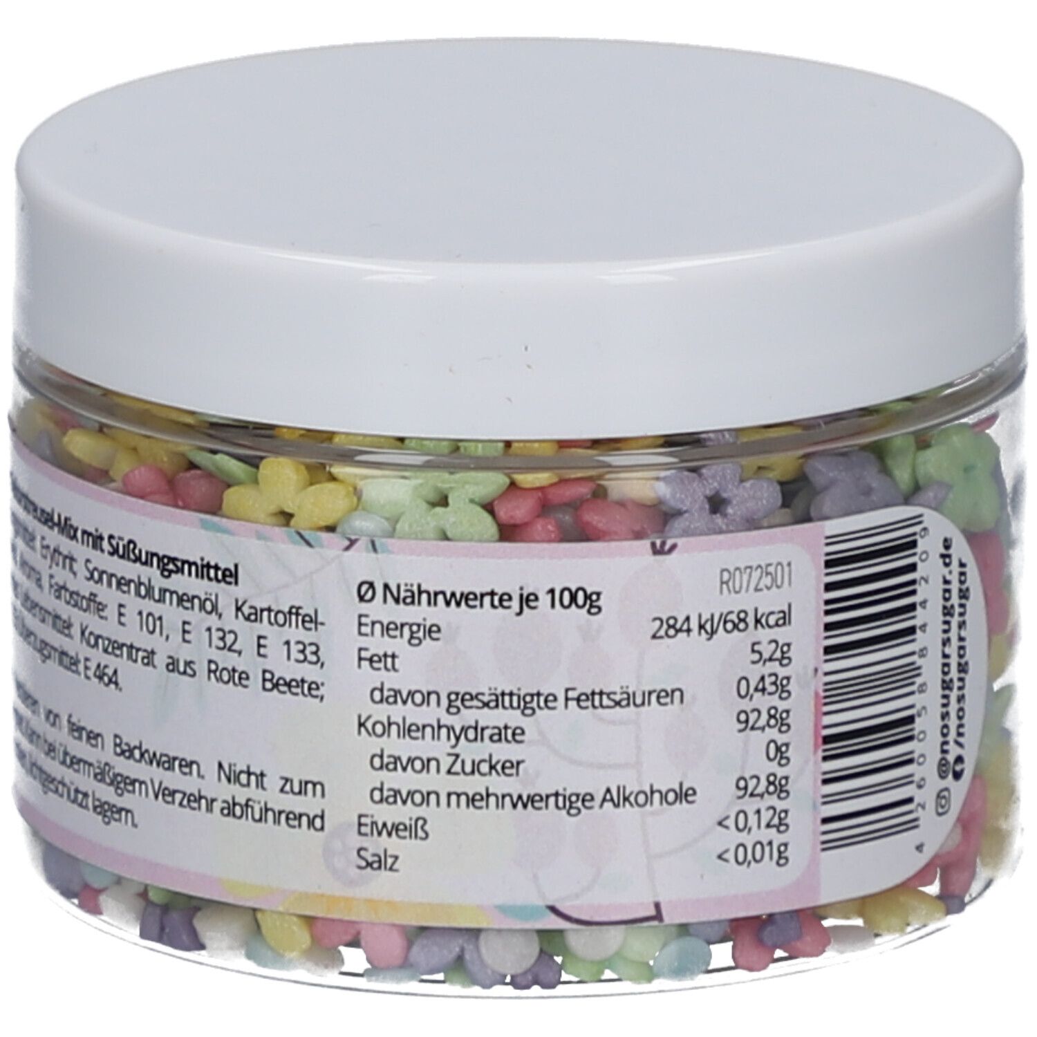 Pot transparent avec décorations florales colorées. Étiquette avec informations nutritionnelles. Couvercle blanc.