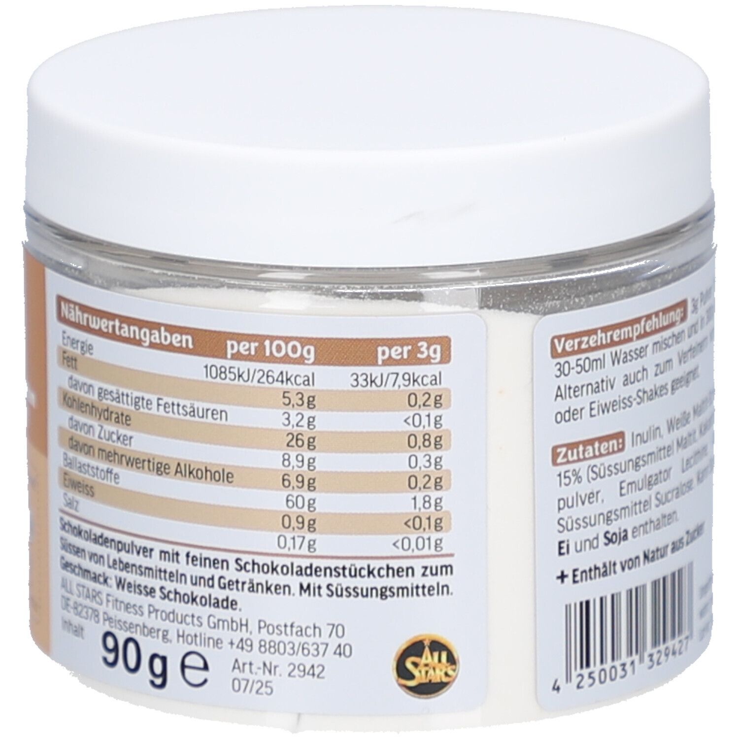 Nährwertangaben auf der Dose. Angaben pro 100g und pro 3g. Marke: All Stars. 90g Inhalt.