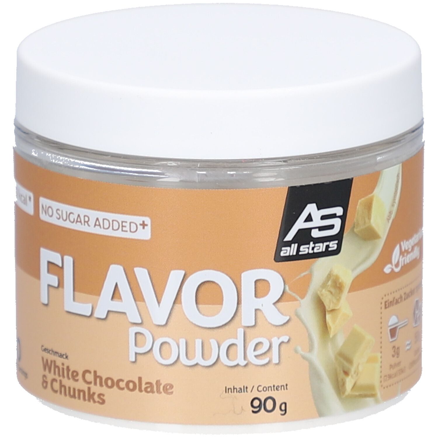 Runde Dose mit weißem Deckel. Aufschrift: Flavor Powder White Chocolate & Chunks. Marke: All Stars. 90g Inhalt. Mit Schokostückchen.