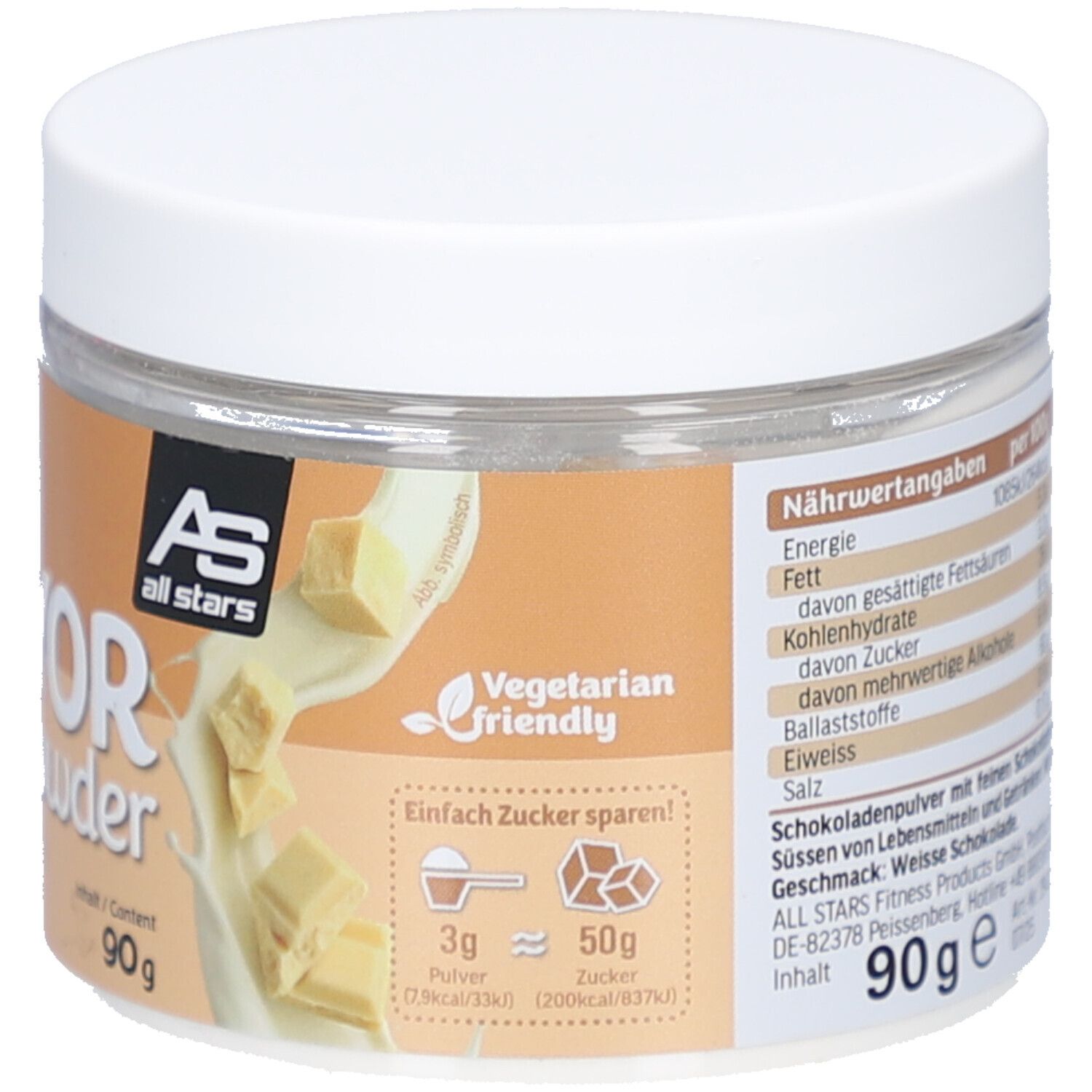 Runde Dose mit weißem Deckel. Aufschrift: Flavor Powder. Marke: All Stars. 90g Inhalt. Vegetarisch. Mit Schokostückchen.