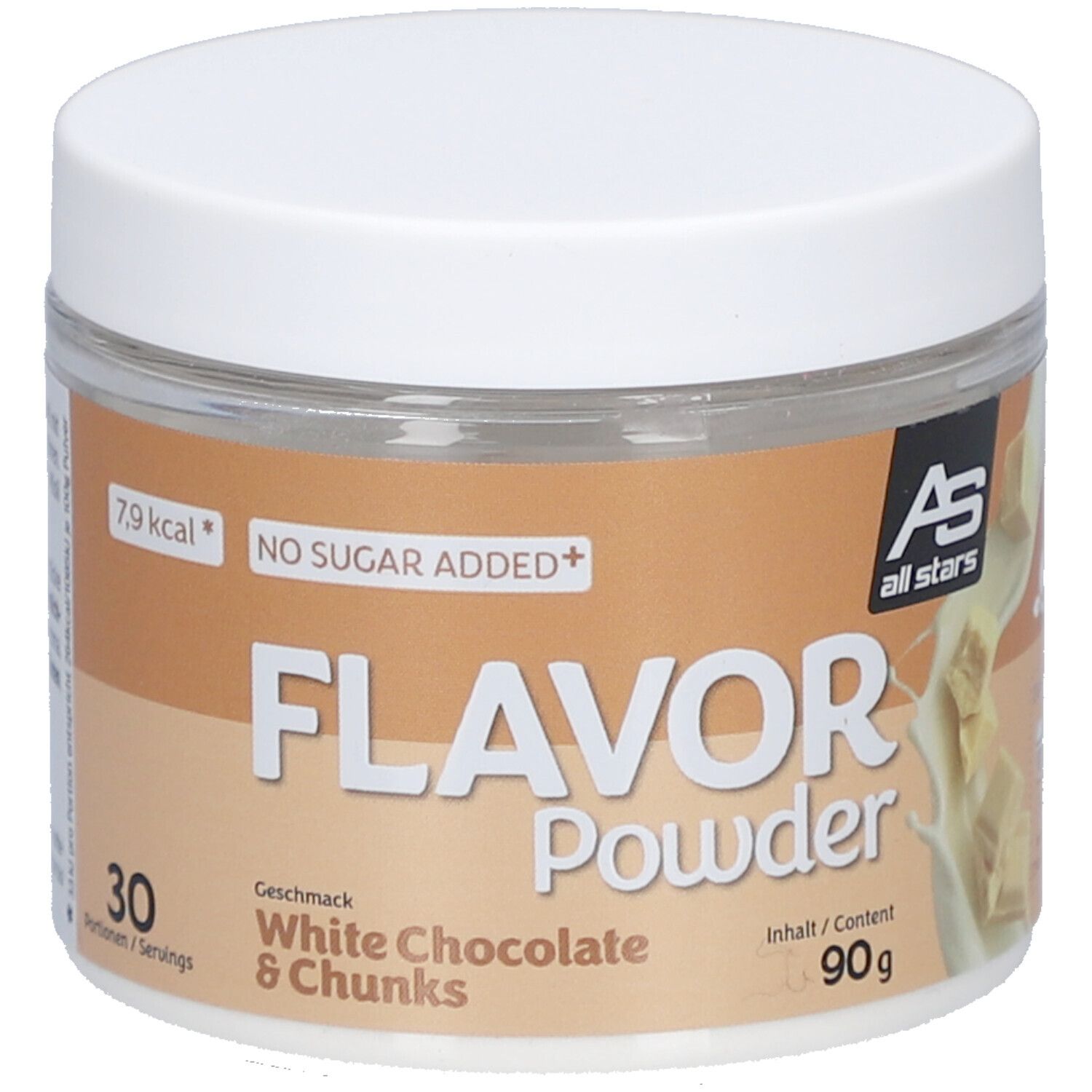 Runde Dose mit weißem Deckel. Aufschrift: Flavor Powder White Chocolate & Chunks. Marke: All Stars. 90g Inhalt.