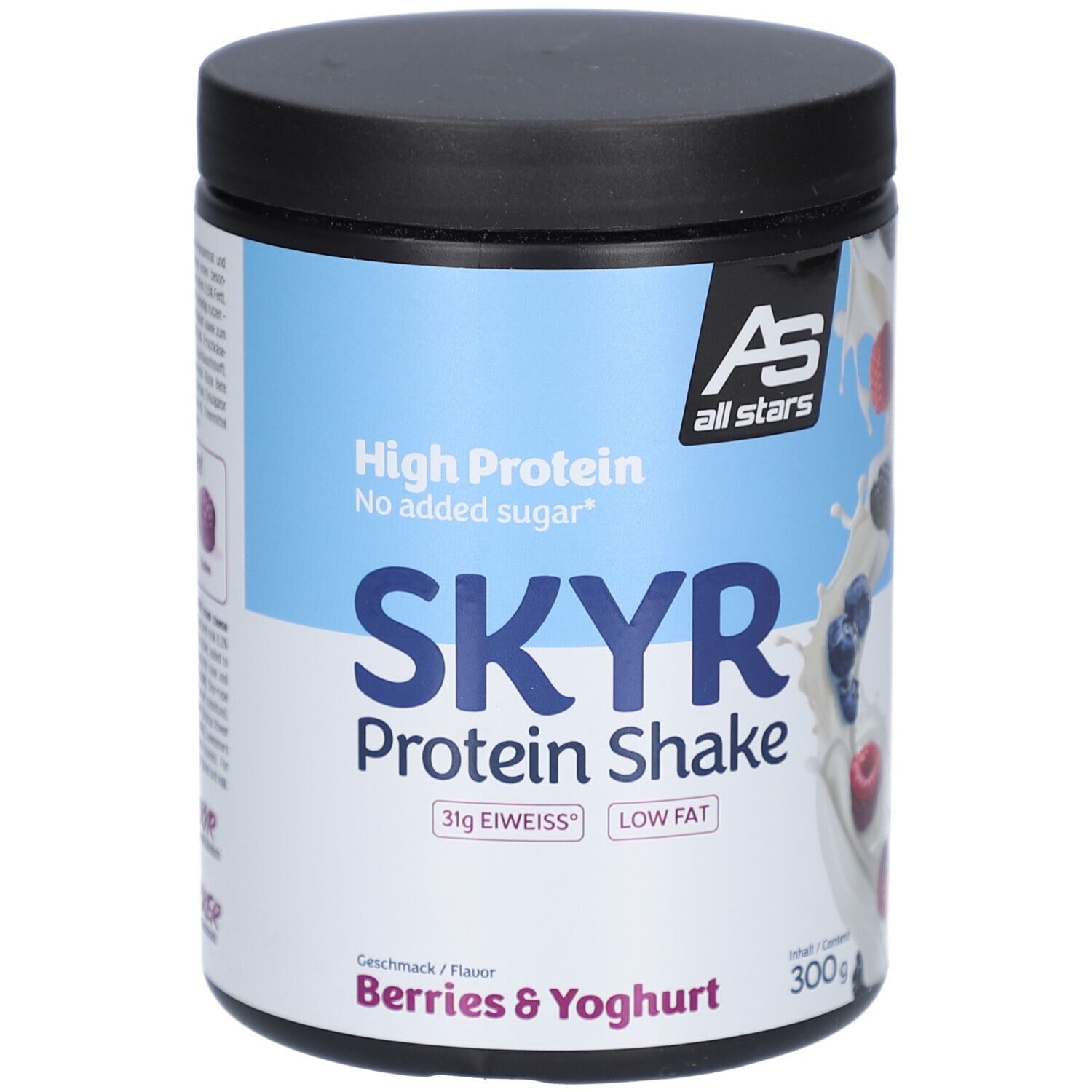 Pot de SKYR Protein Shake, Baies & Yaourt. Emballage bleu et blanc avec nom et logo du produit. Contient 300g.