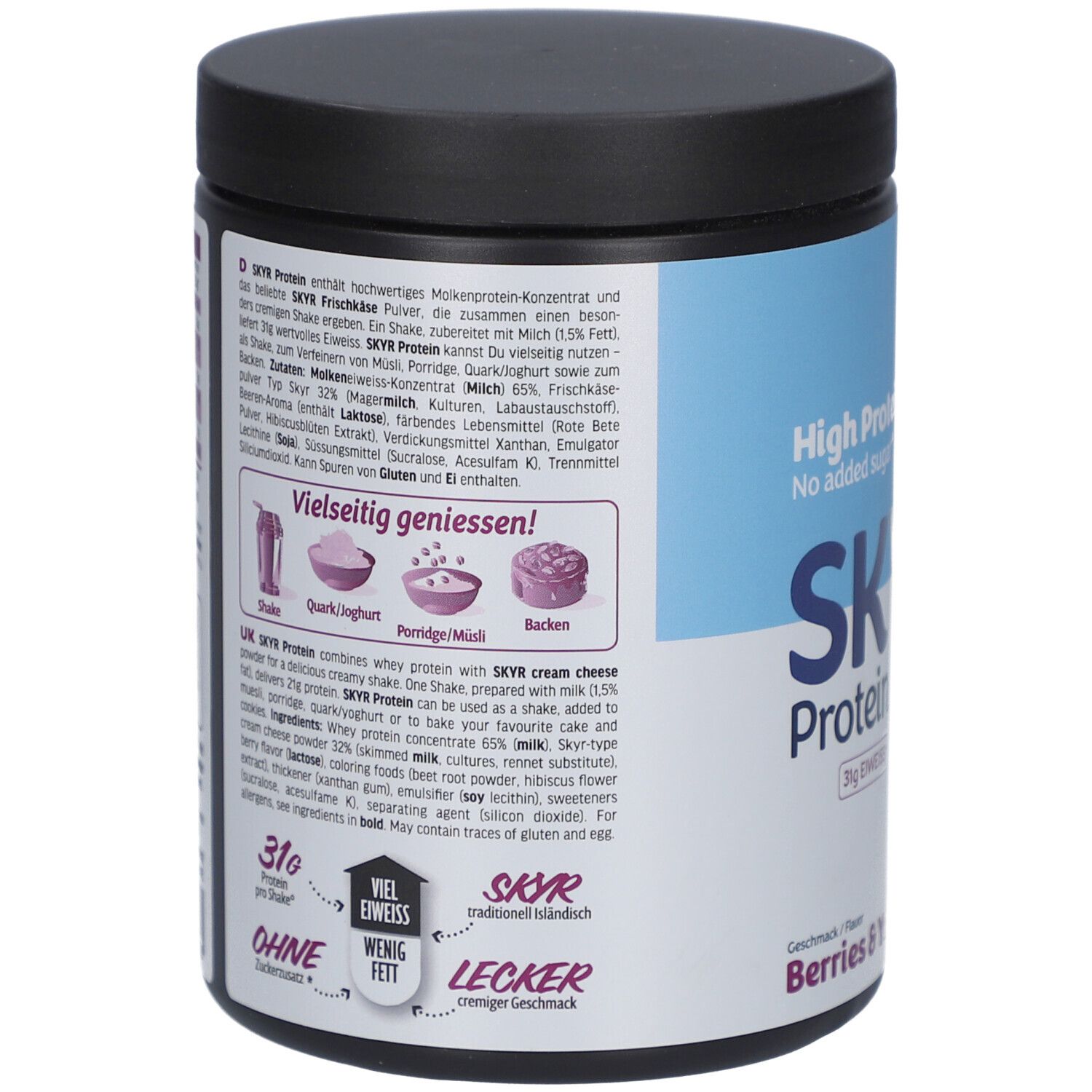 Dos du pot de SKYR Protein Shake. Texte en allemand et anglais. Contient des informations sur les ingrédients et la préparation.