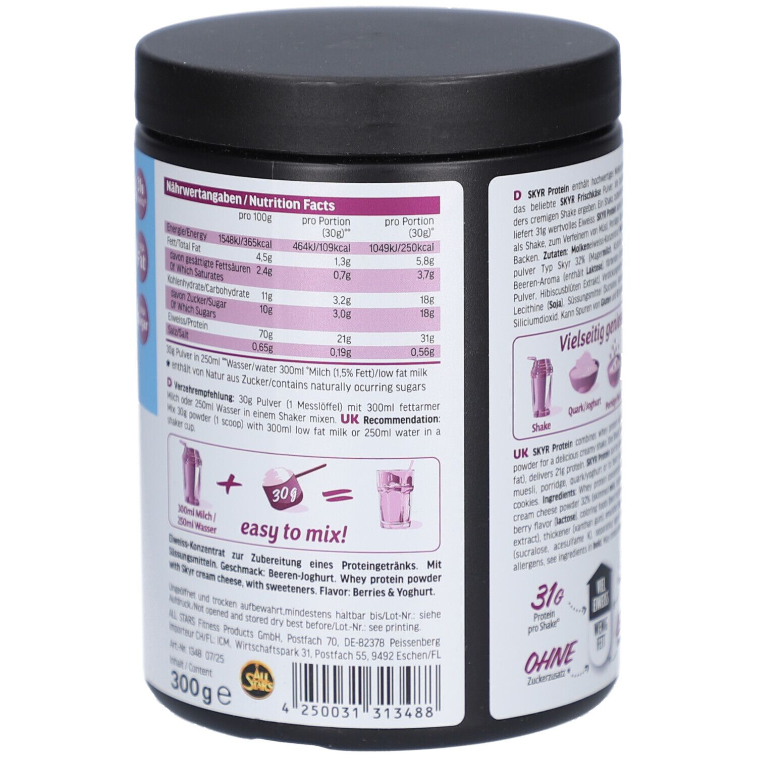 Dos du pot de SKYR Protein Shake. Informations nutritionnelles et instructions de préparation. Contient 300g.