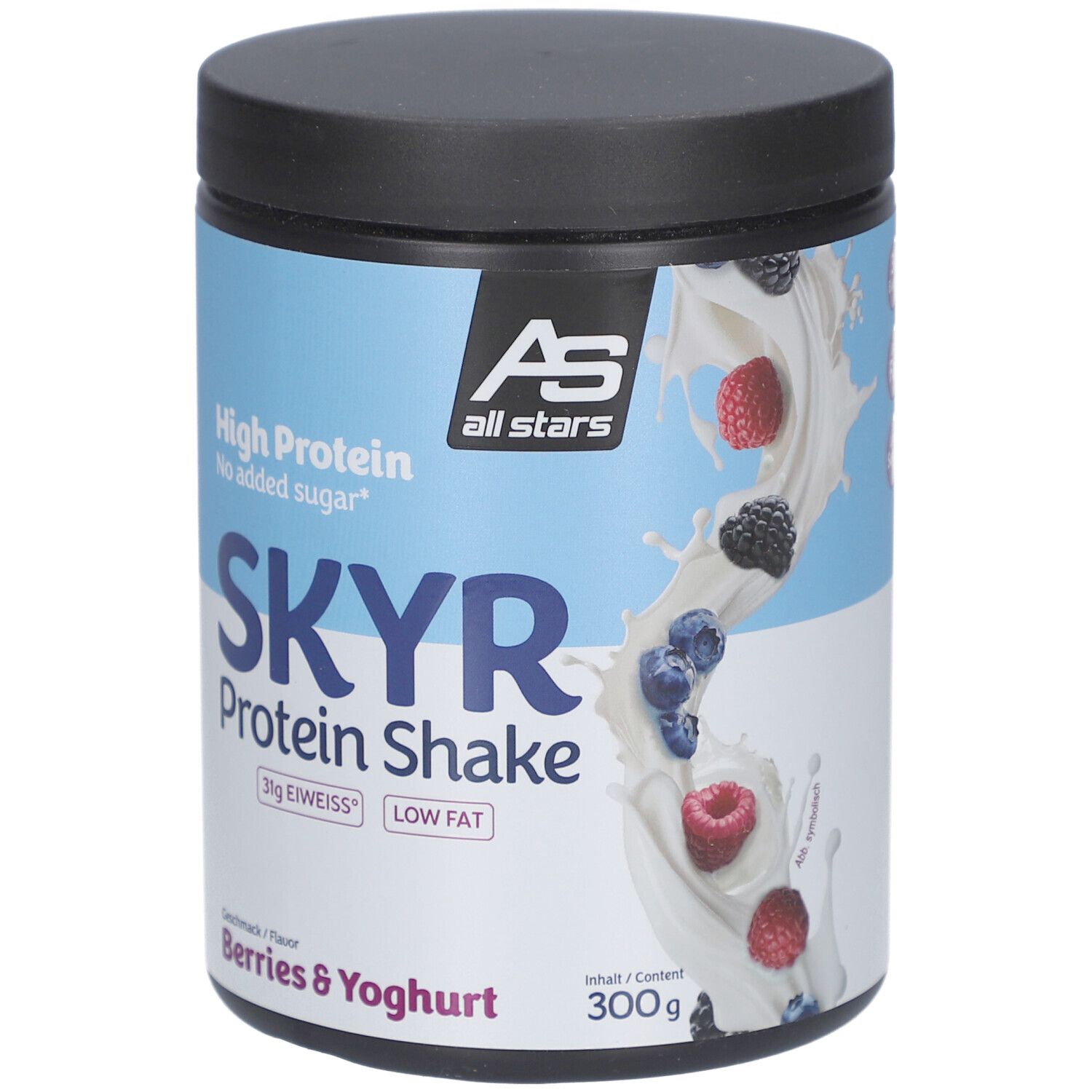 Pot de SKYR Protein Shake, Baies & Yaourt. Emballage bleu et blanc avec nom et logo du produit. Contient 300g.
