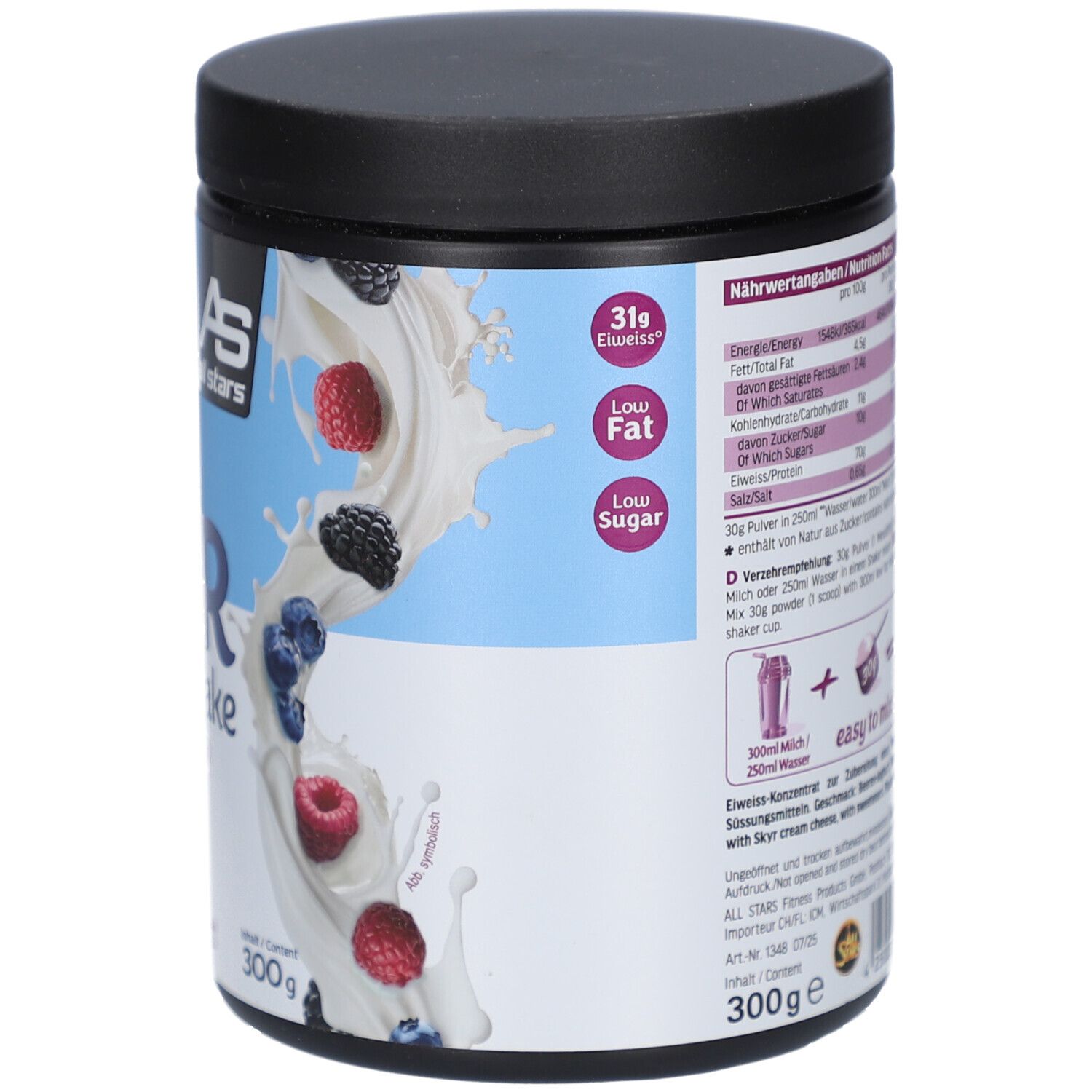 Dos du pot de SKYR Protein Shake. Informations nutritionnelles, instructions et logo. Contient 300g.