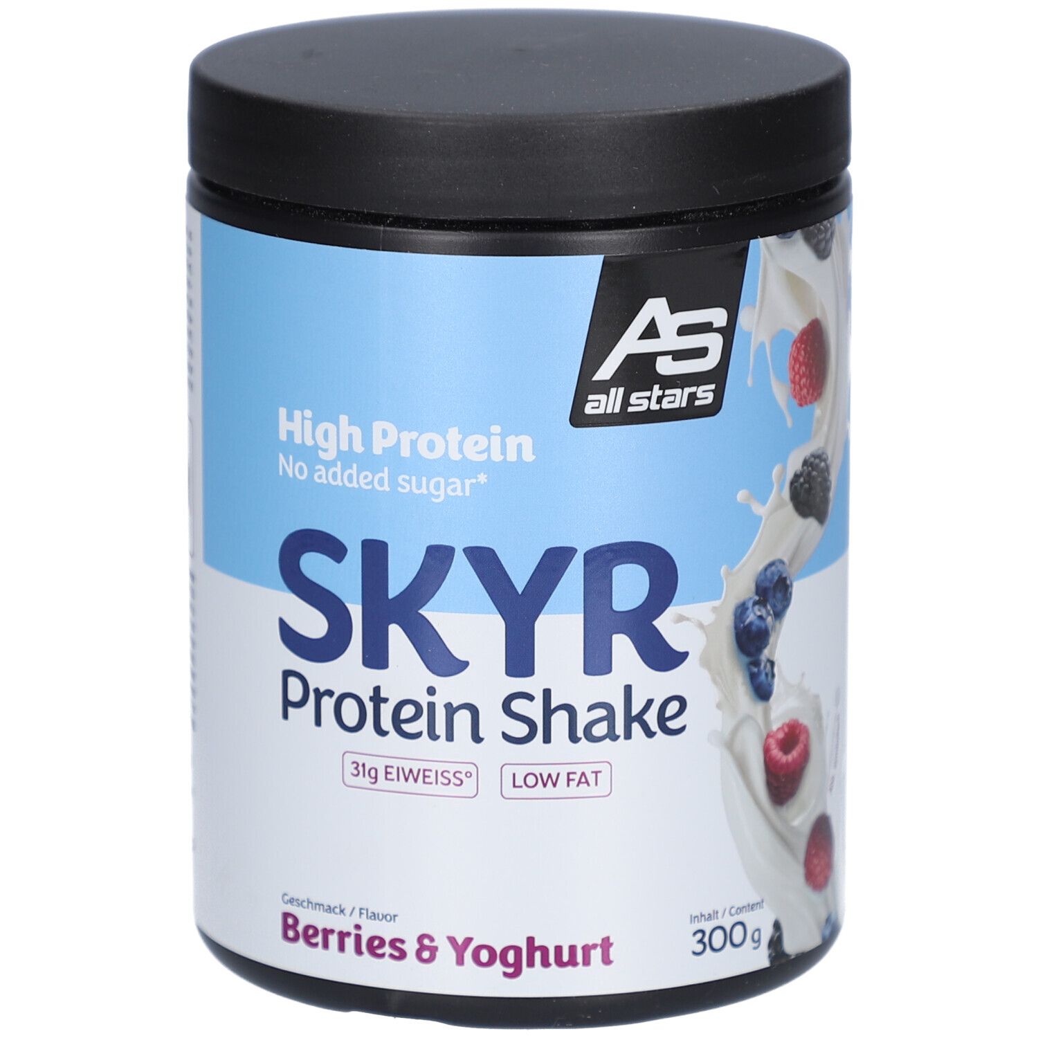 Pot de SKYR Protein Shake, Baies & Yaourt. Emballage bleu et blanc avec nom et logo du produit. Contient 300g.