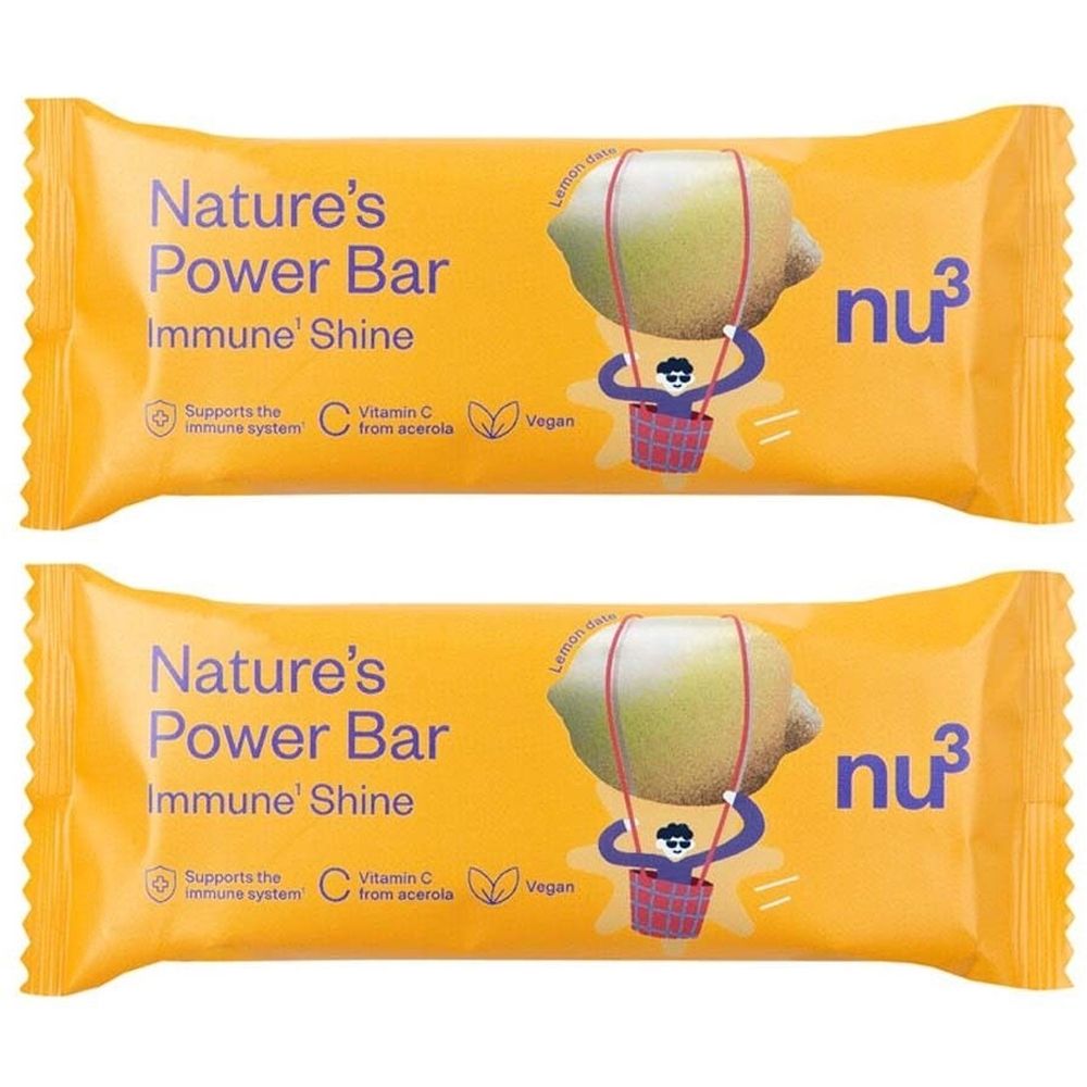 Deux barres jaunes avec l'inscription Nature's Power Bar Immune Shine, logo nu3 et illustration d'un citron en montgolfière.