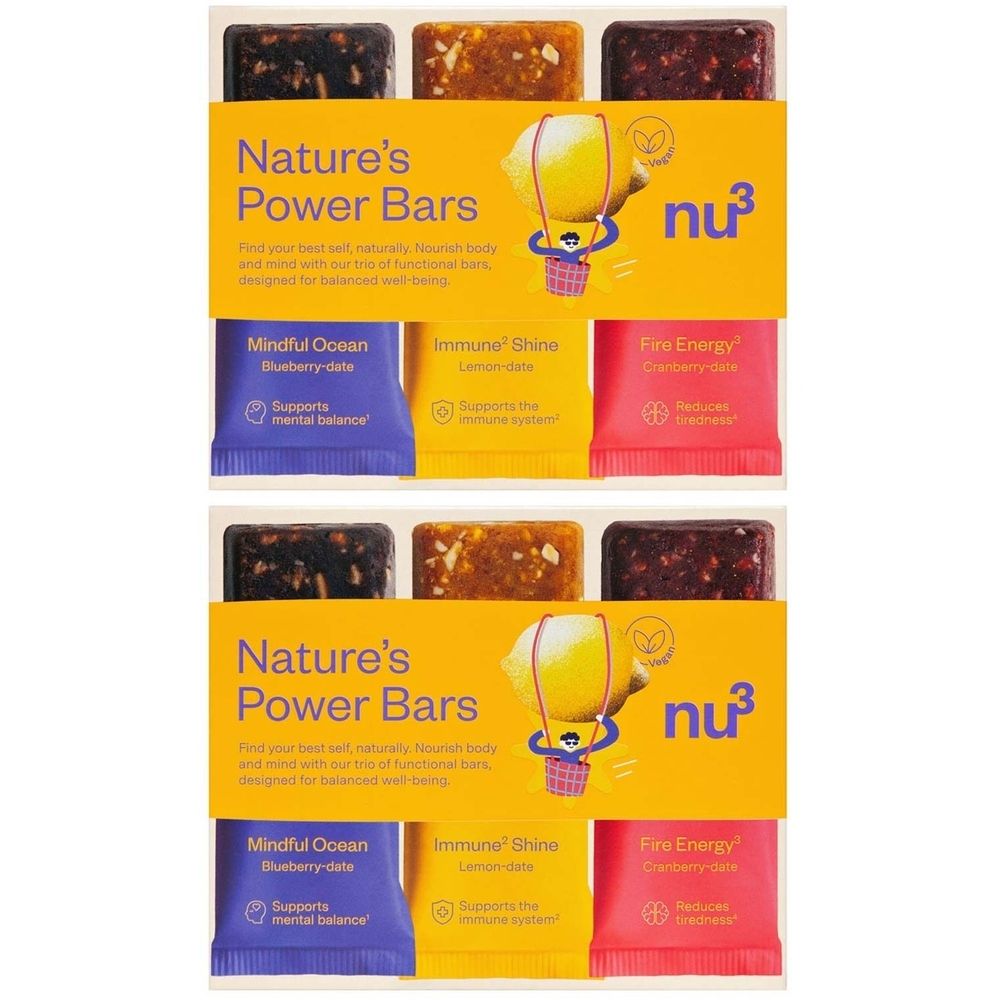 Emballage de barres énergétiques nu3 Nature's Power Bars. Différentes saveurs. Emballage jaune avec nom du produit et logo.