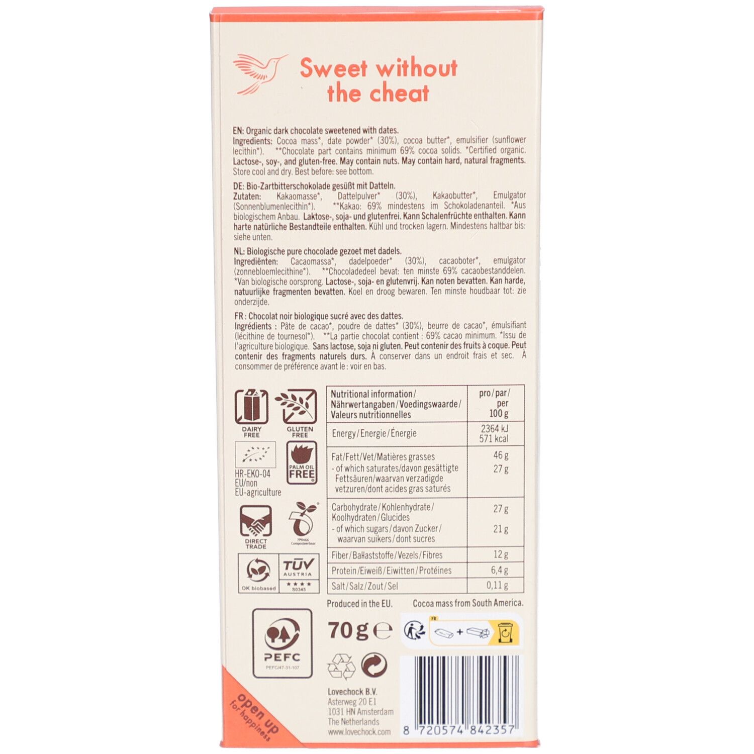 Rückseite der Lovechock Dark Chocolate Verpackung. Text: Zutaten, Nährwertangaben, Bio-Siegel, Vegan-Siegel, 70g, PEFC-Zertifizierung.