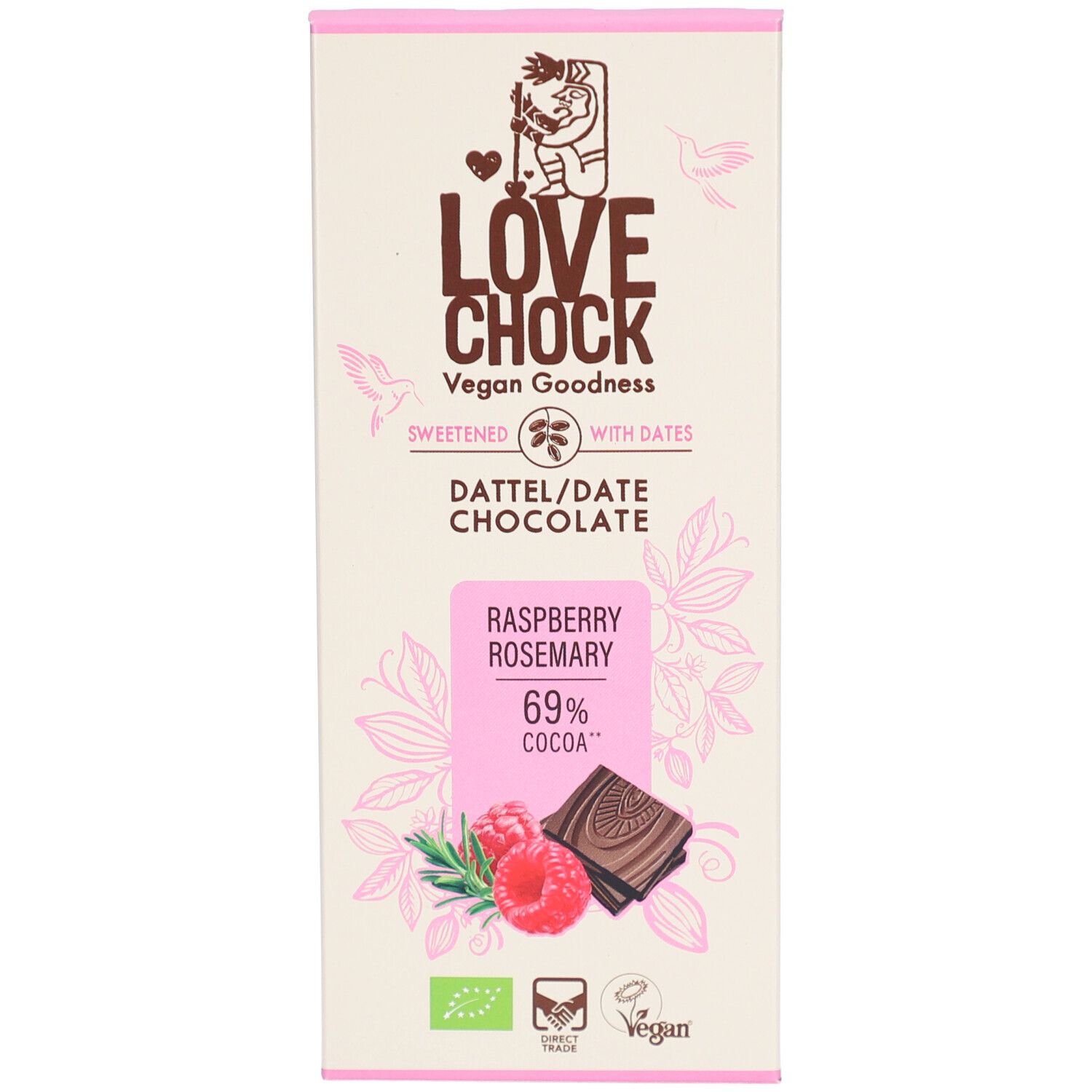 Schokoladentafel mit Logo, Text und Abbildung von Himbeeren und Rosmarin. Enthält 69% Kakao. Vegan, Bio-Zertifizierung.