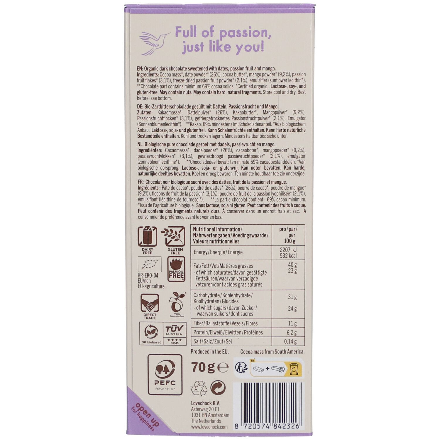 Rückseite der Schokoladenverpackung mit Nährwertangaben, Zutatenliste und Zertifizierungen. Enthält 70g. Mit PEFC-Siegel und Vegan-Logo.