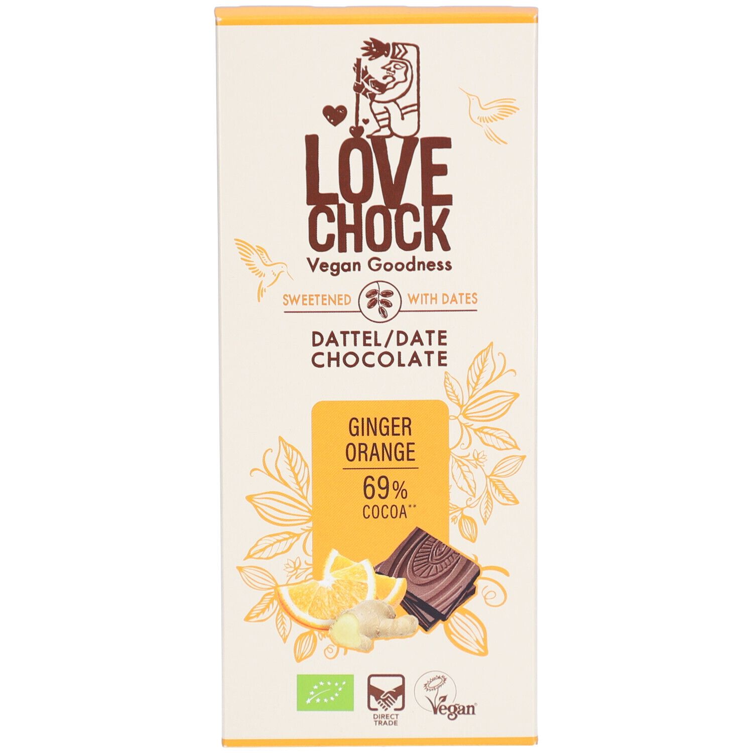 Schokoladenriegel mit Aufschrift Lovechock, Ginger Orange, 69% Kakao. Bio-Siegel und Vegan-Logo.