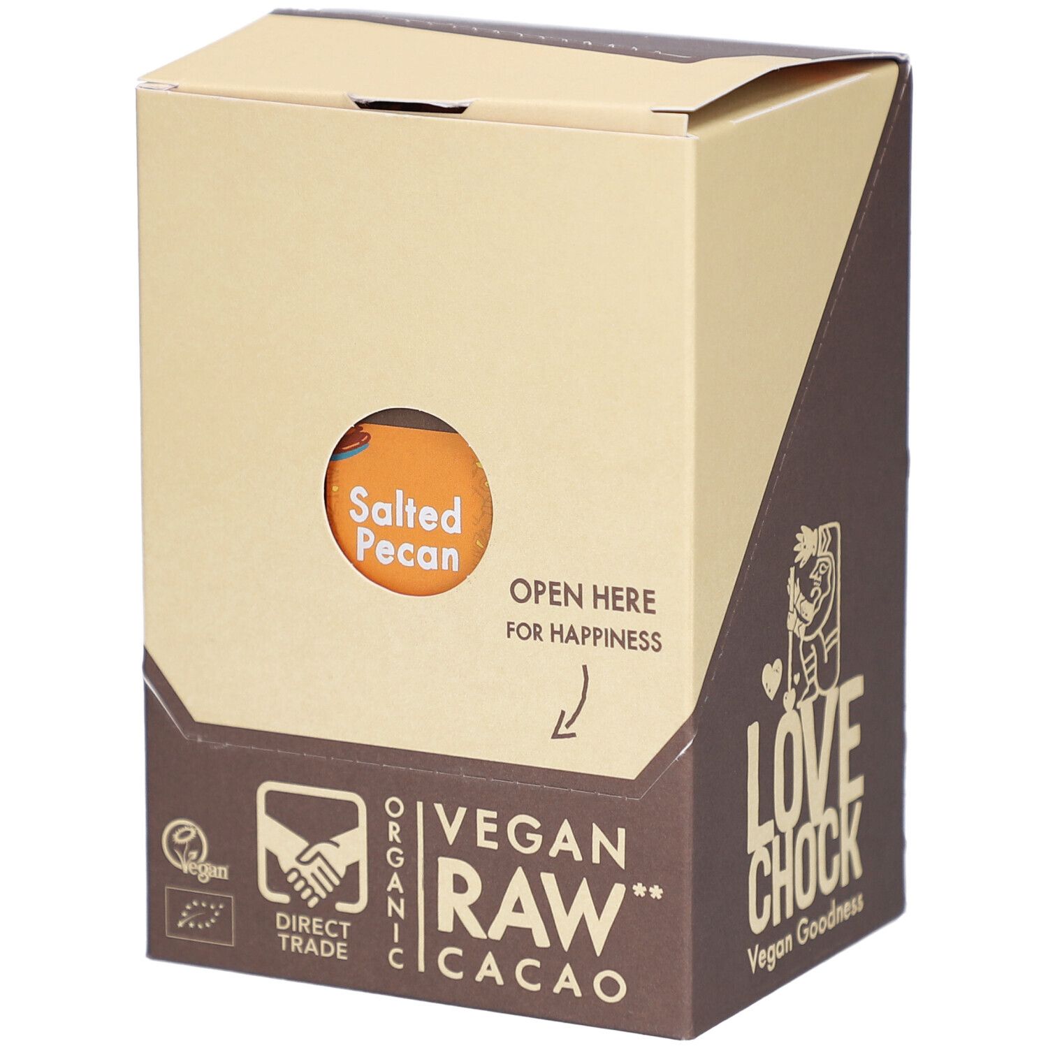 Kartonverpackung mit Aufdrucken. Sichtbar: "Salted Pecan", "Vegan Raw Cacao", "Lovechock". Direkt-Handel-Siegel.