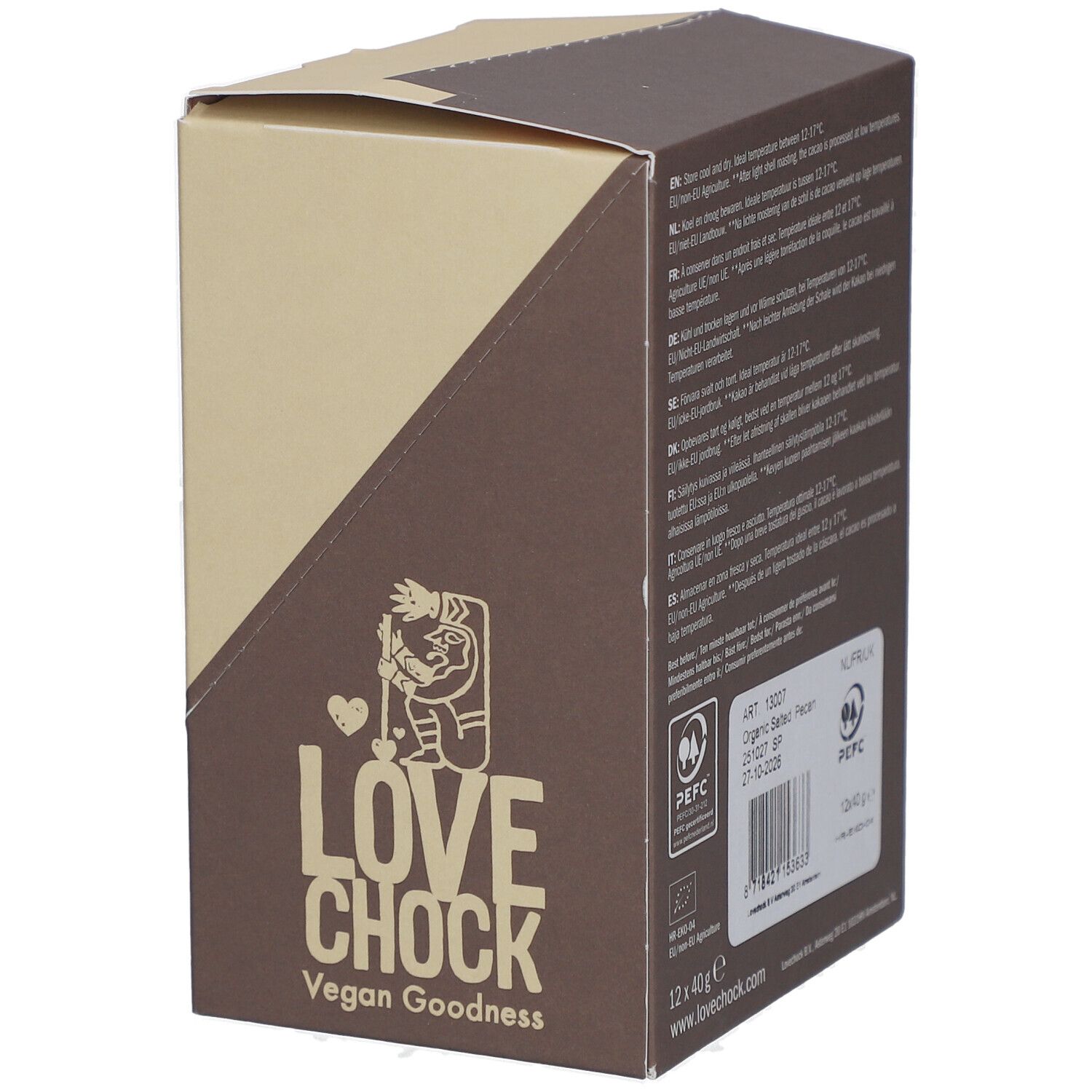 Kartonverpackung mit Text. Sichtbar: "Lovechock", "Vegan Goodness", PEFC-Siegel. Mehrsprachiger Text.