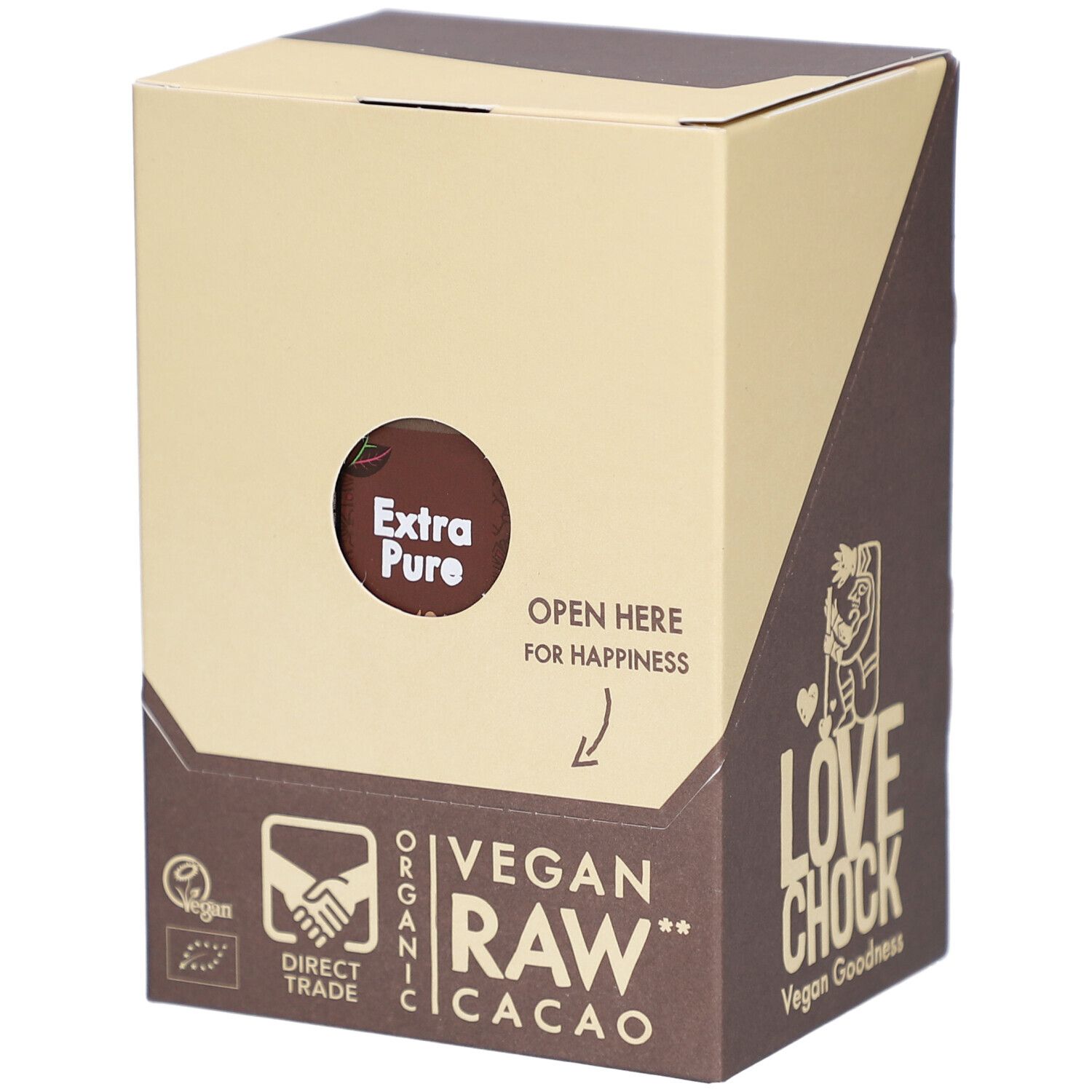 Emballage en carton "Extra Pure" et "Vegan Raw Cacao". Logo Lovechock et Direct Trade visibles.