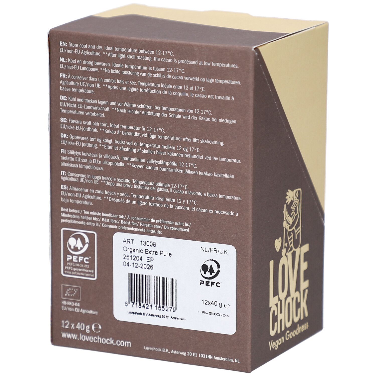 Dos de l'emballage en carton. Texte multilingue. Informations sur les ingrédients et la durabilité. Label PEFC.