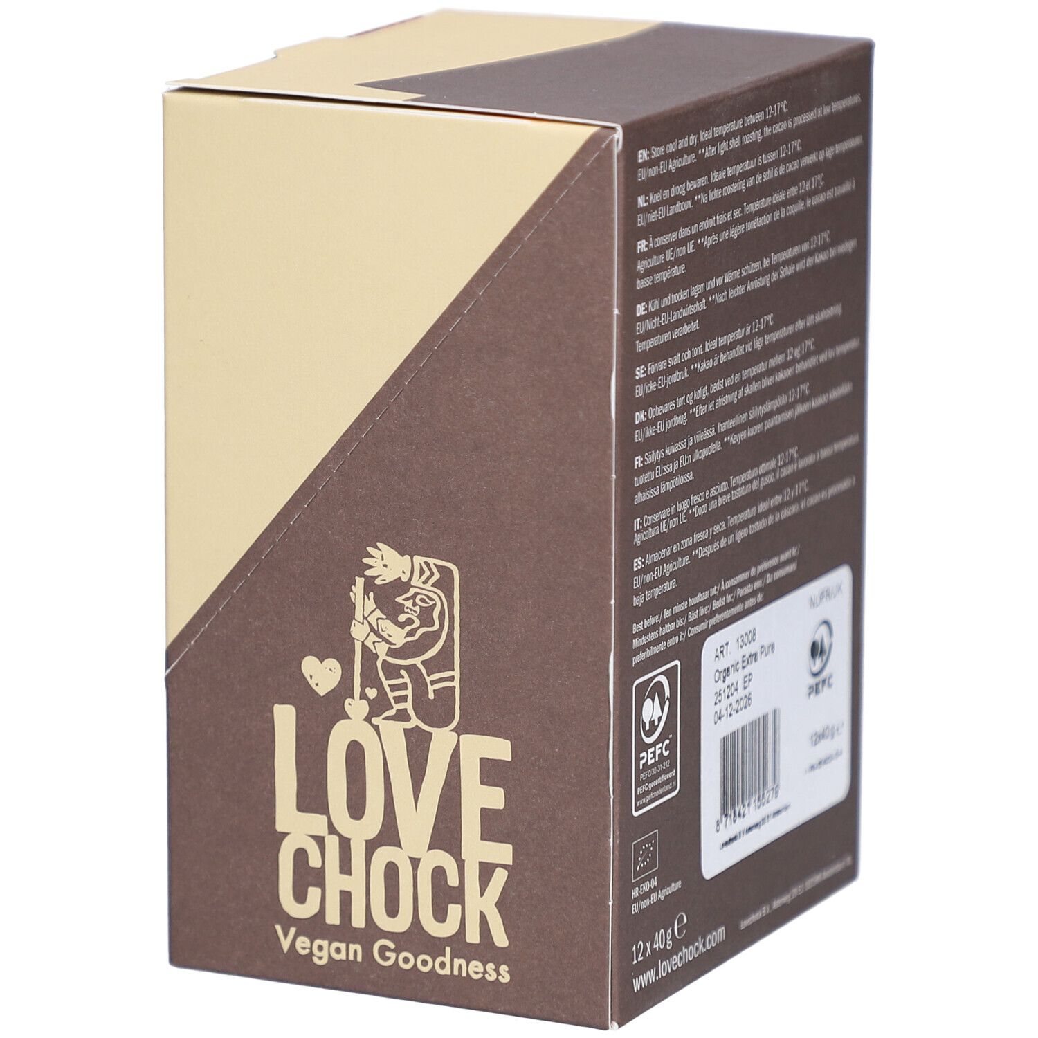 Emballage en carton avec texte multilingue. Label PEFC et logo Lovechock. Informations sur la durabilité.