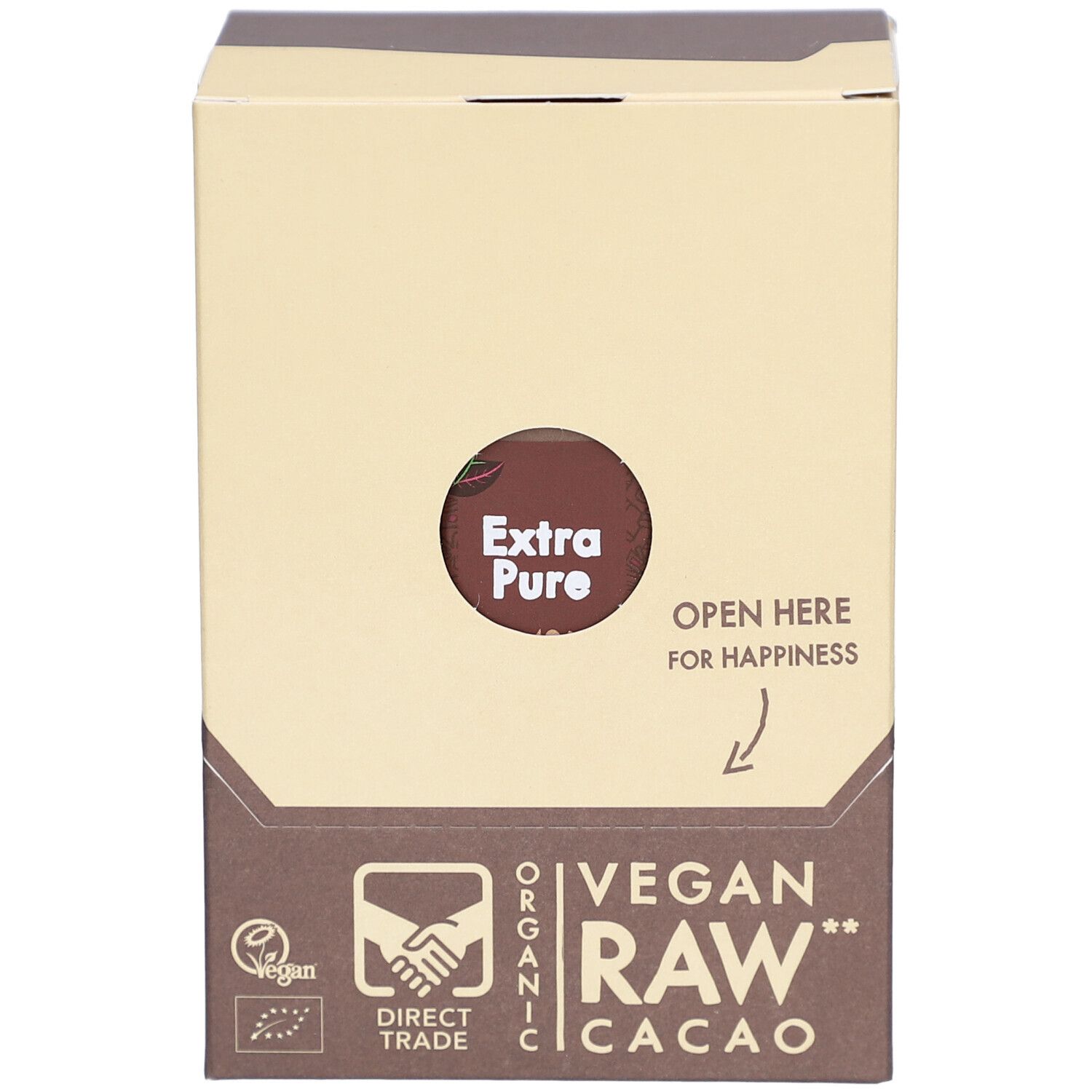 Emballage en carton avec "Extra Pure" et "Vegan Raw Cacao". Flèche avec texte "Open Here for Happiness".