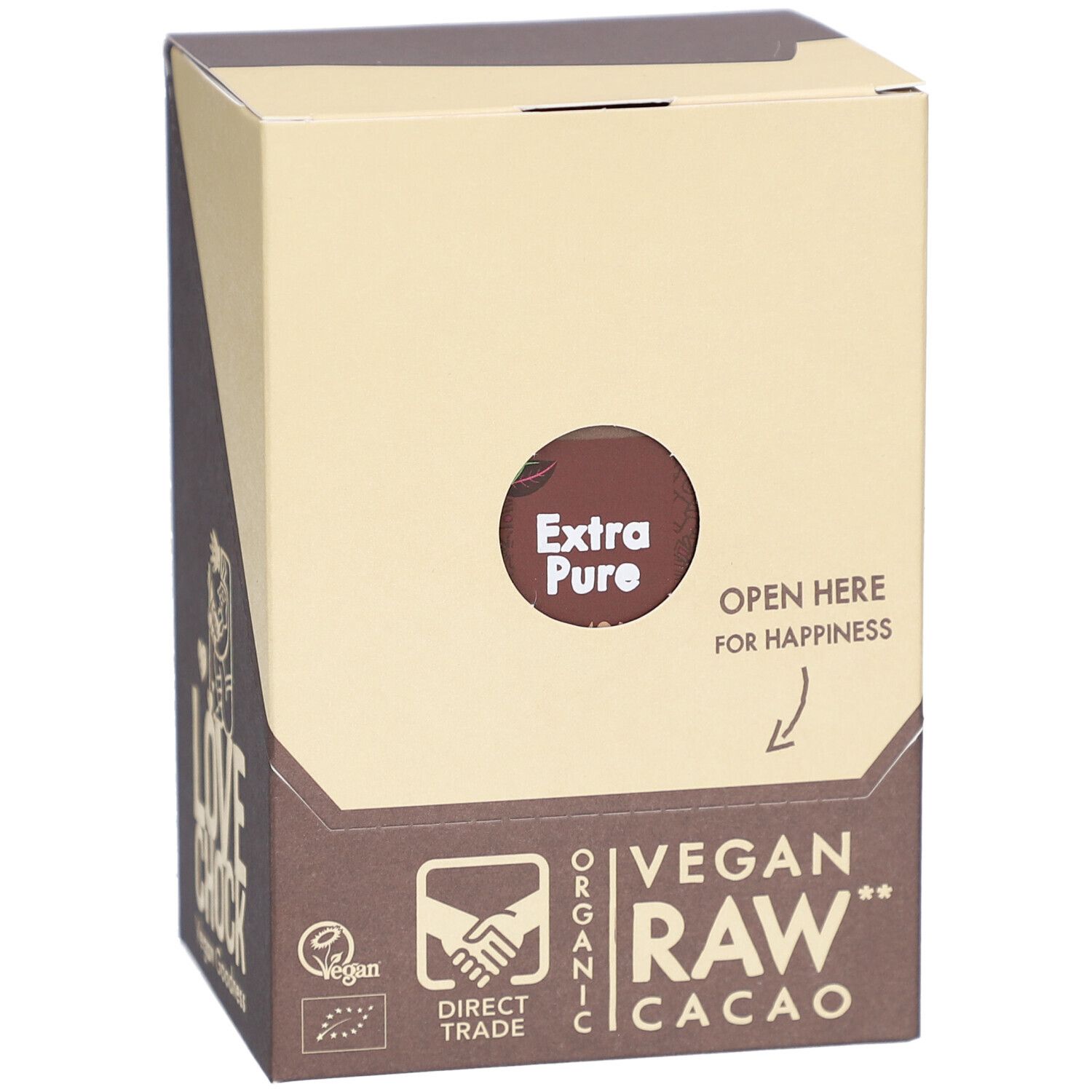 Emballage en carton avec "Extra Pure" et "Vegan Raw Cacao". Flèche avec texte "Open Here for Happiness".