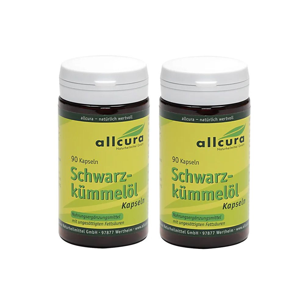 Deux flacons bruns avec couvercles blancs. Inscription : allcura, 90 capsules, Schwarzkümmelöl Kapseln. Étiquette jaune.