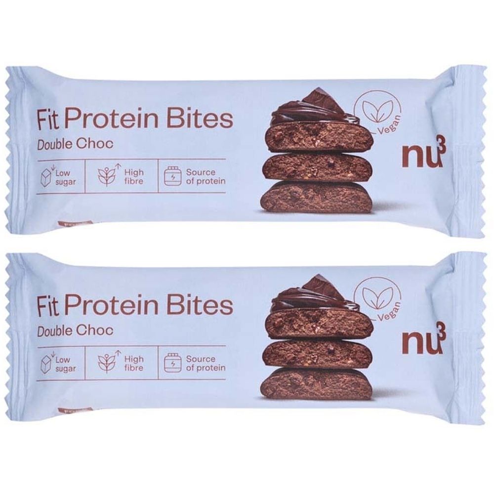 Deux barres protéinées emballées en blanc. Inscription : Fit Protein Bites Double Choc, logo nu3, vegan.