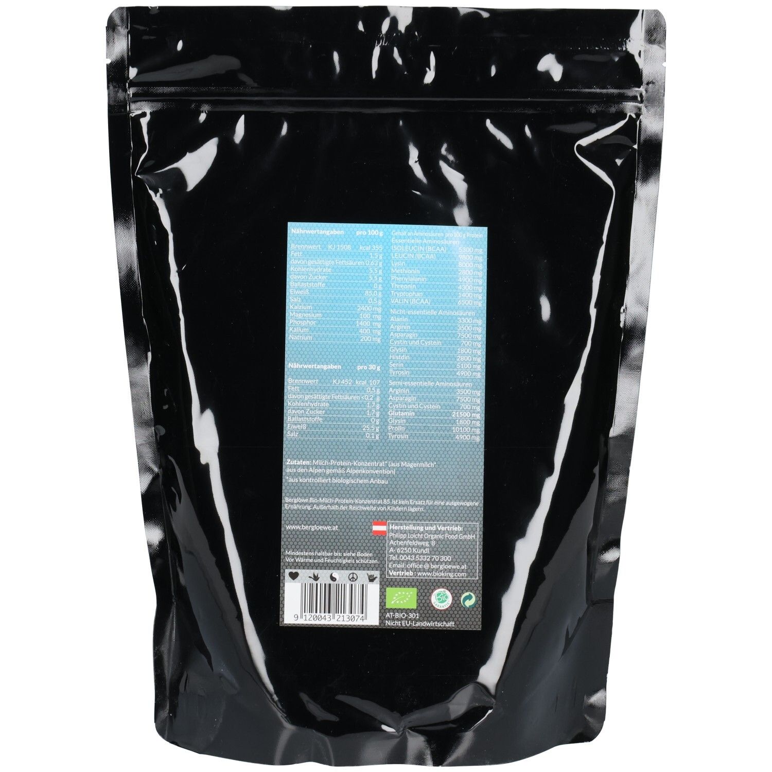 Dos de l'emballage noir. Étiquette avec informations nutritionnelles et label bio.