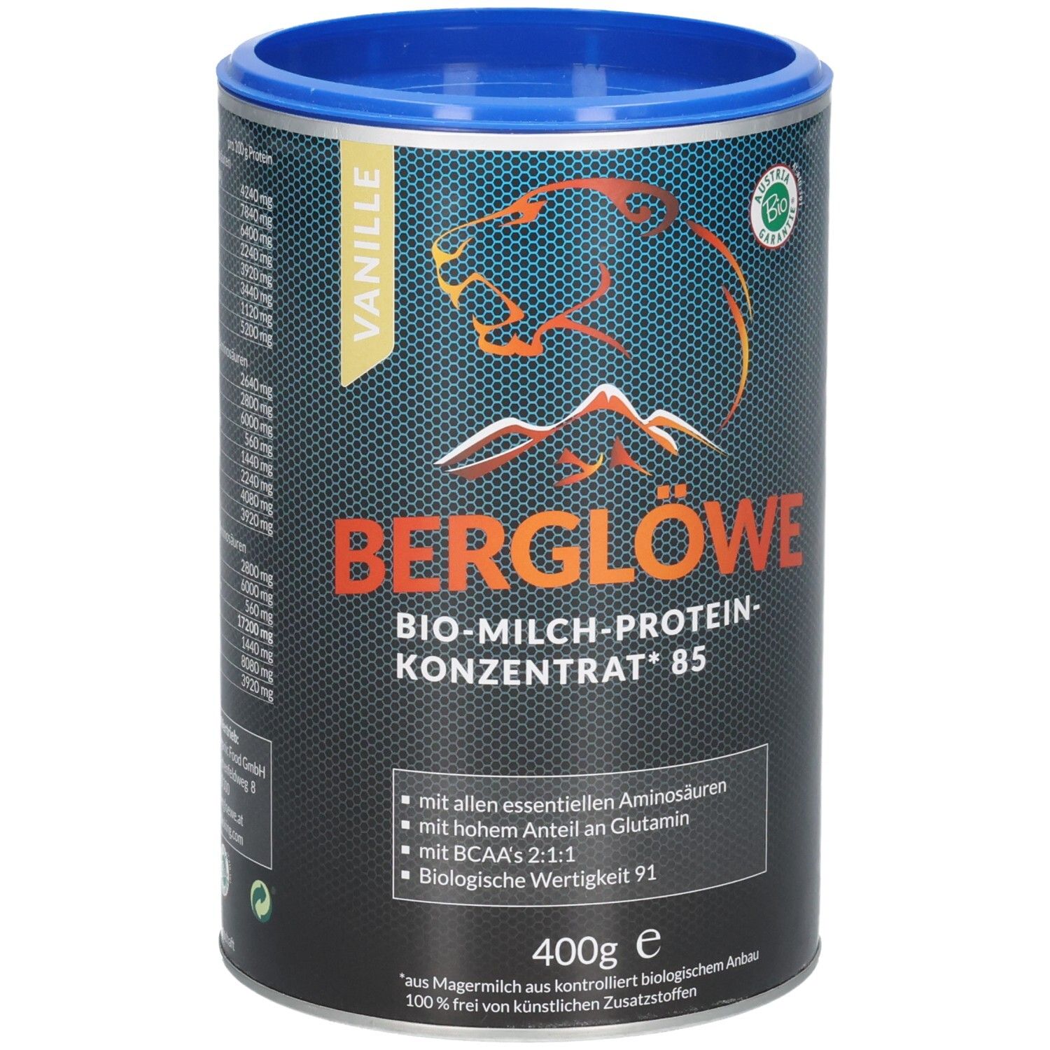 BERGLÖWE Bio-Milch-Protein-Konzentrat 85 Vanille, boîte de 400g avec logo lion et motif montagne.