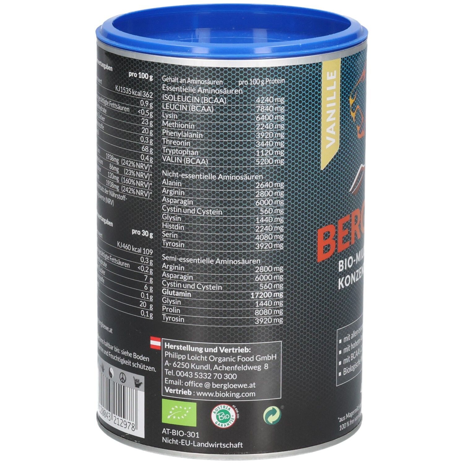 Arrière de la boîte BERGLÖWE avec tableau nutritionnel détaillé et profil d'acides aminés.