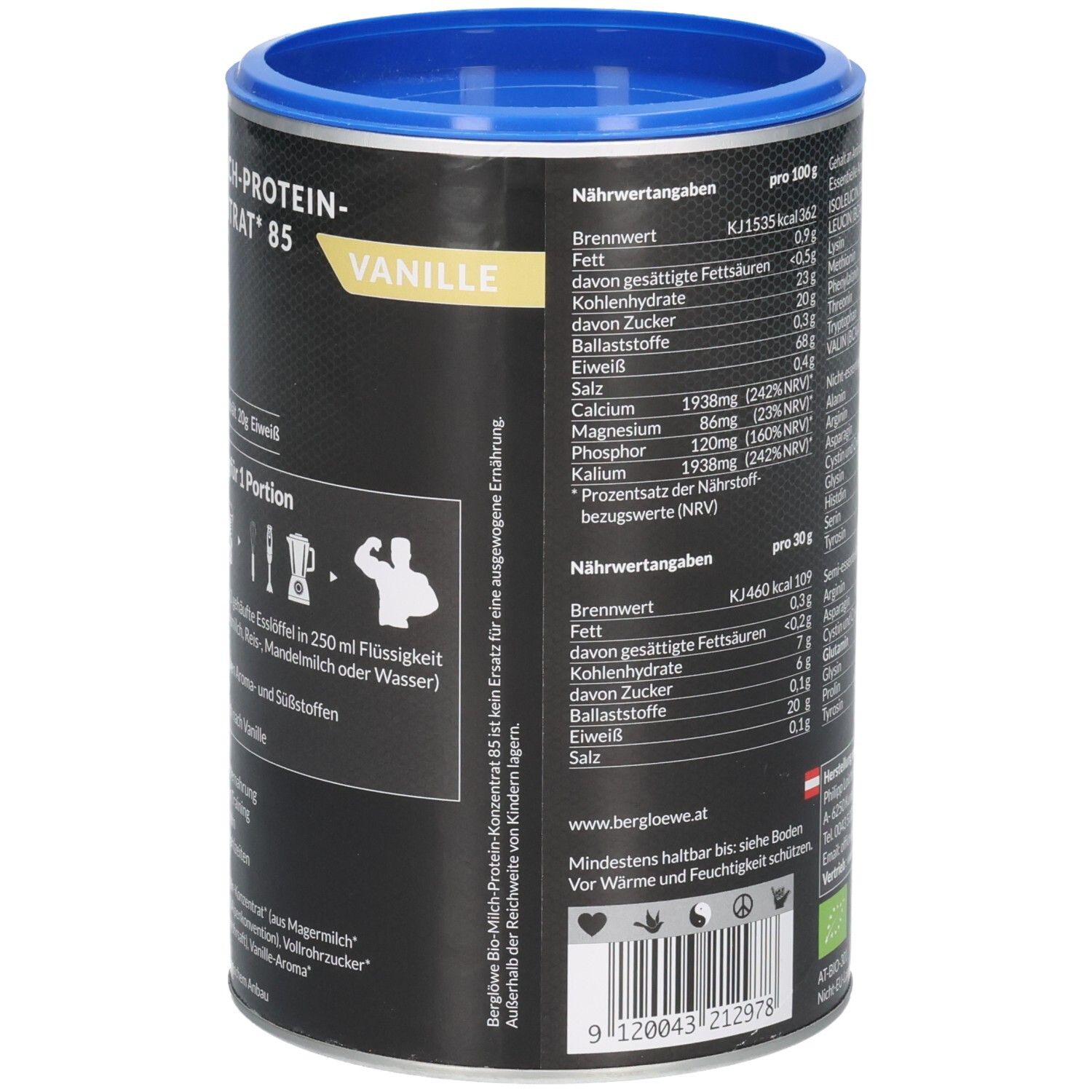 Vue latérale de la boîte BERGLÖWE avec informations nutritionnelles et instructions de préparation.