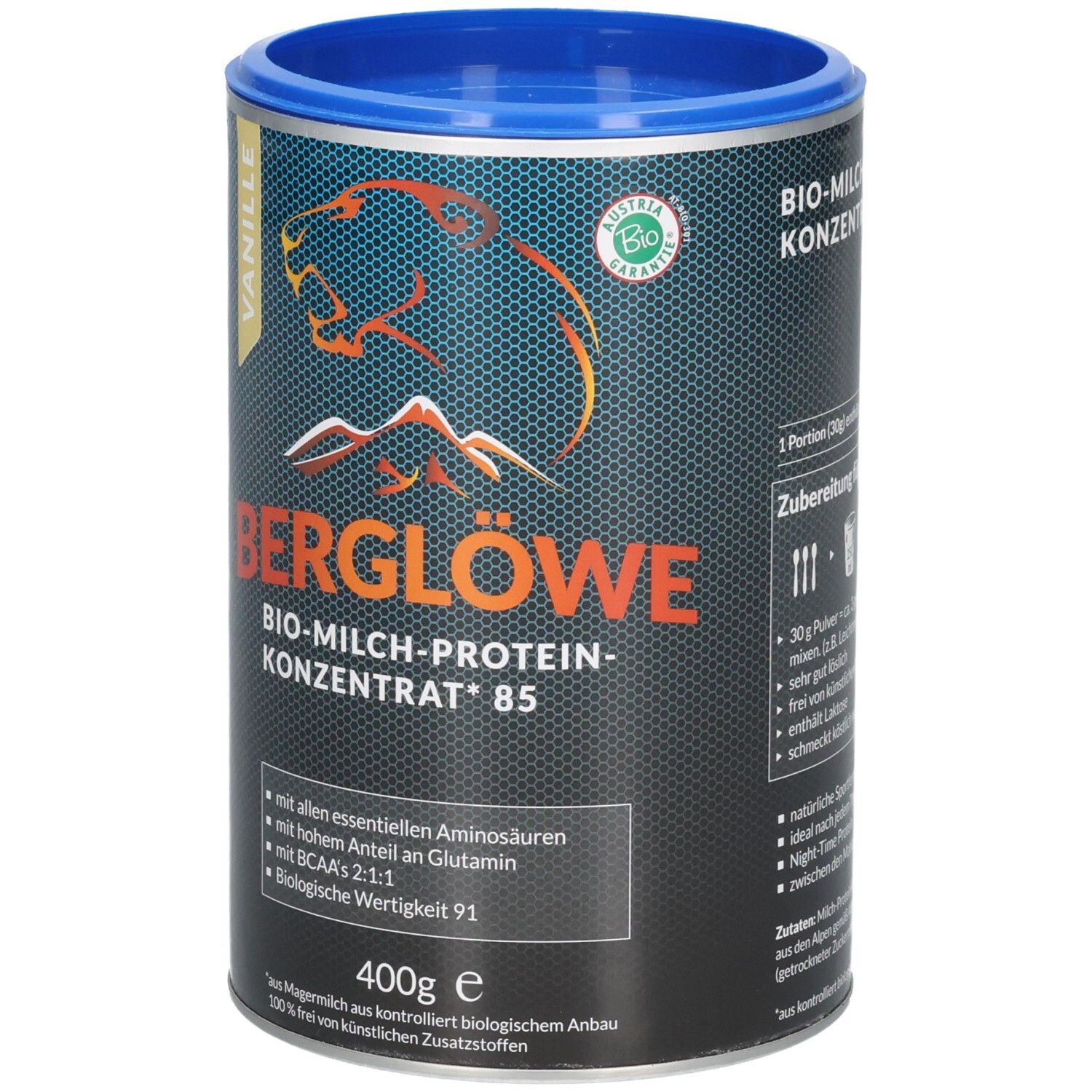 Avant de la boîte BERGLÖWE avec sceau bio et indication de saveur vanille.