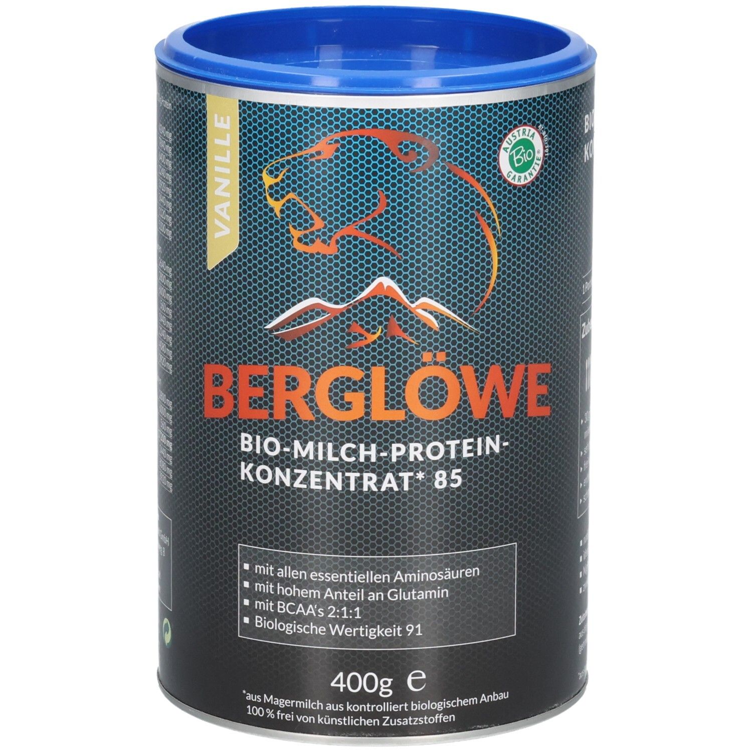 Boîte BERGLÖWE Bio-Milch-Protein-Konzentrat 85, Vanille, 400g, avec instructions de préparation.