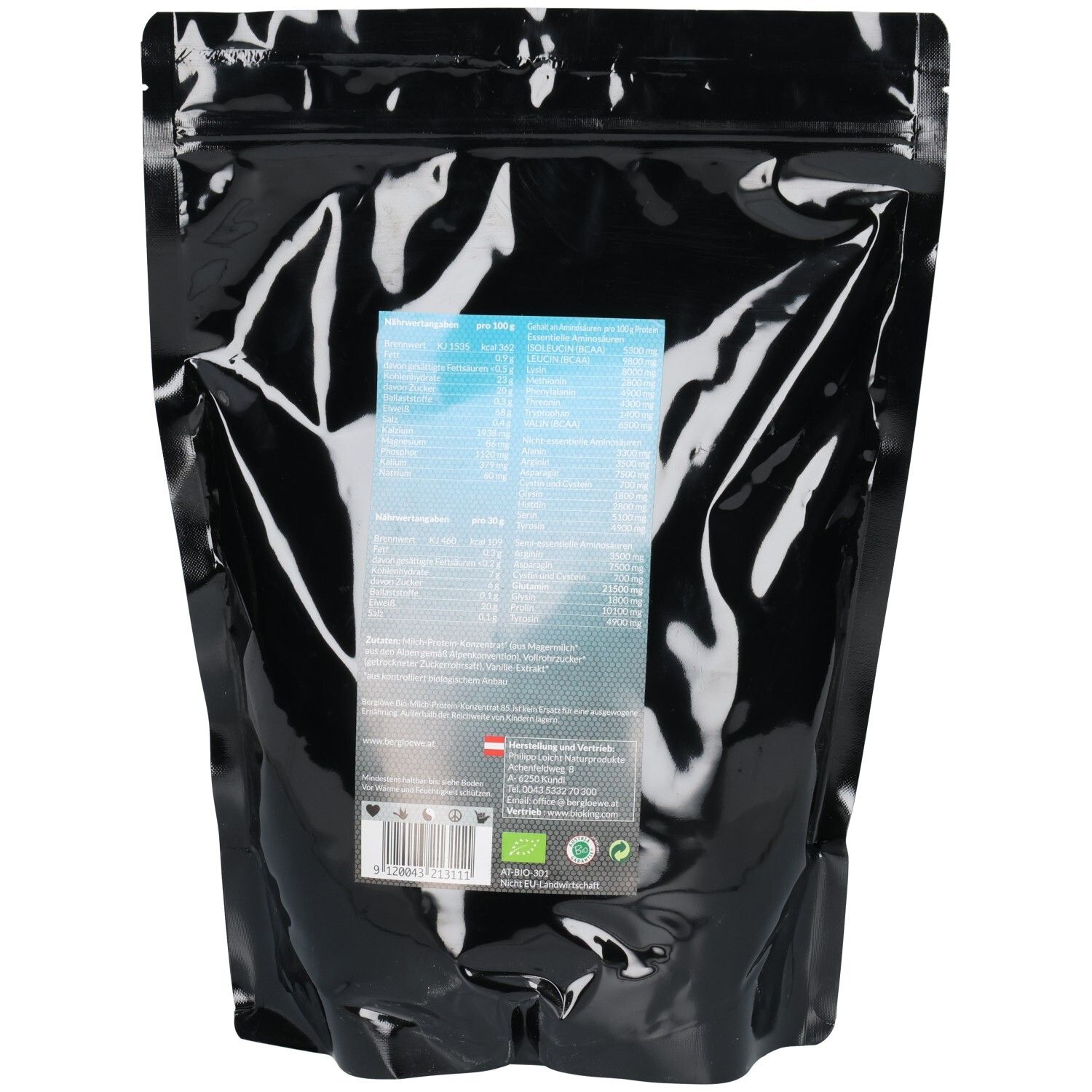 Dos du sachet noir. Autocollant avec informations nutritionnelles et certifications. Label BIO.