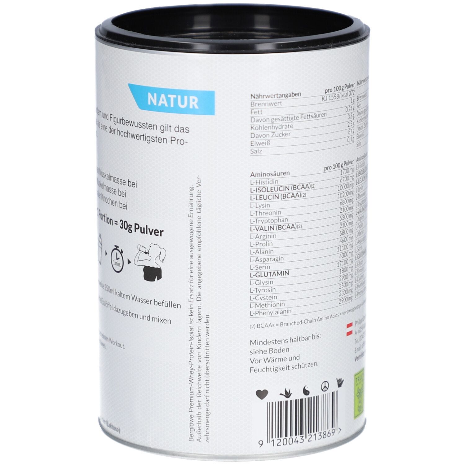 Rückseite Dose Berglöwe. Zubereitungshinweis: 30g Pulver in 250ml Wasser. Barcode und Zertifizierungen.