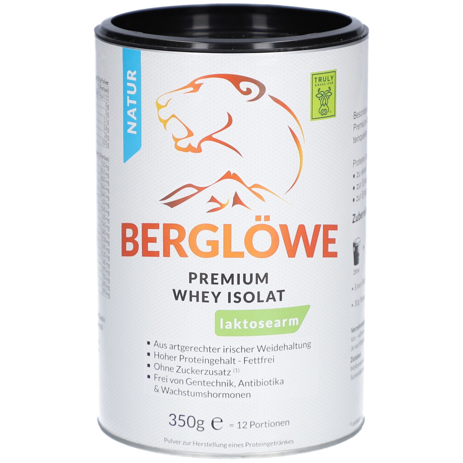 Dose Berglöwe Premium Whey Protein Isolat Natur, laktosearm. Logo mit Bär. 350g, 12 Portionen.