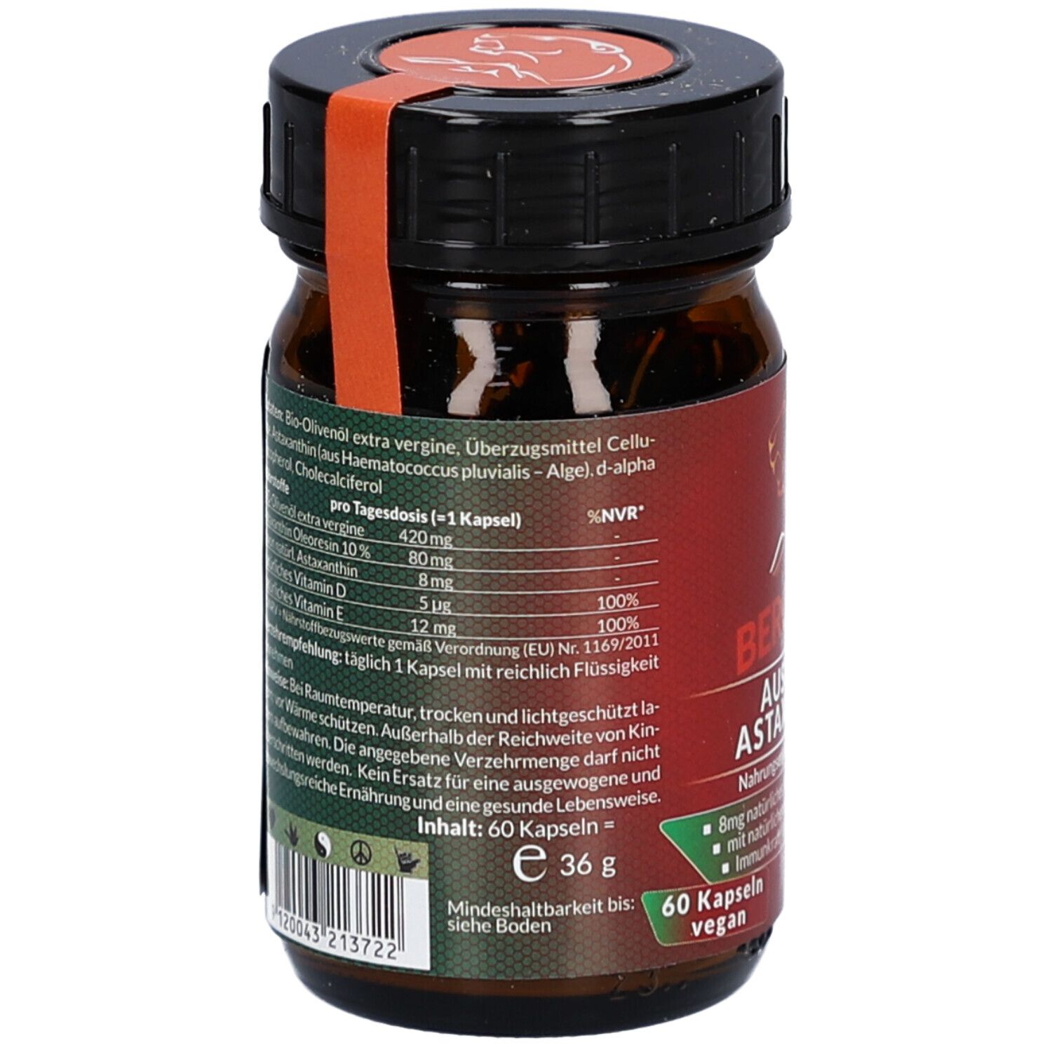 Rückseite der braunen Glasflasche. Enthält Informationen zu Inhaltsstoffen und Nährwerten. 60 Kapseln, vegan.