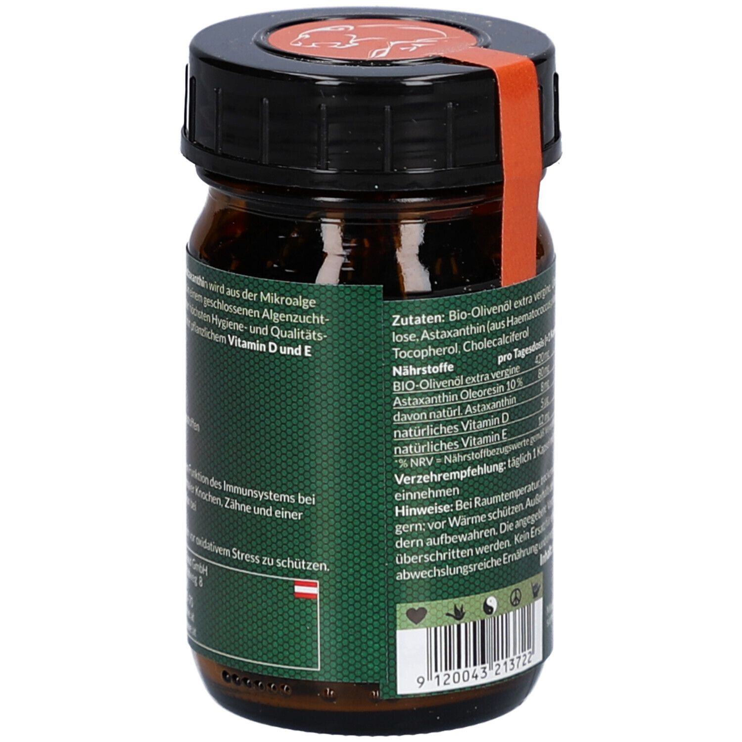 Braune Glasflasche mit grüner Etikett. Enthält Informationen zu Inhaltsstoffen und Nährwerten. Vegan.