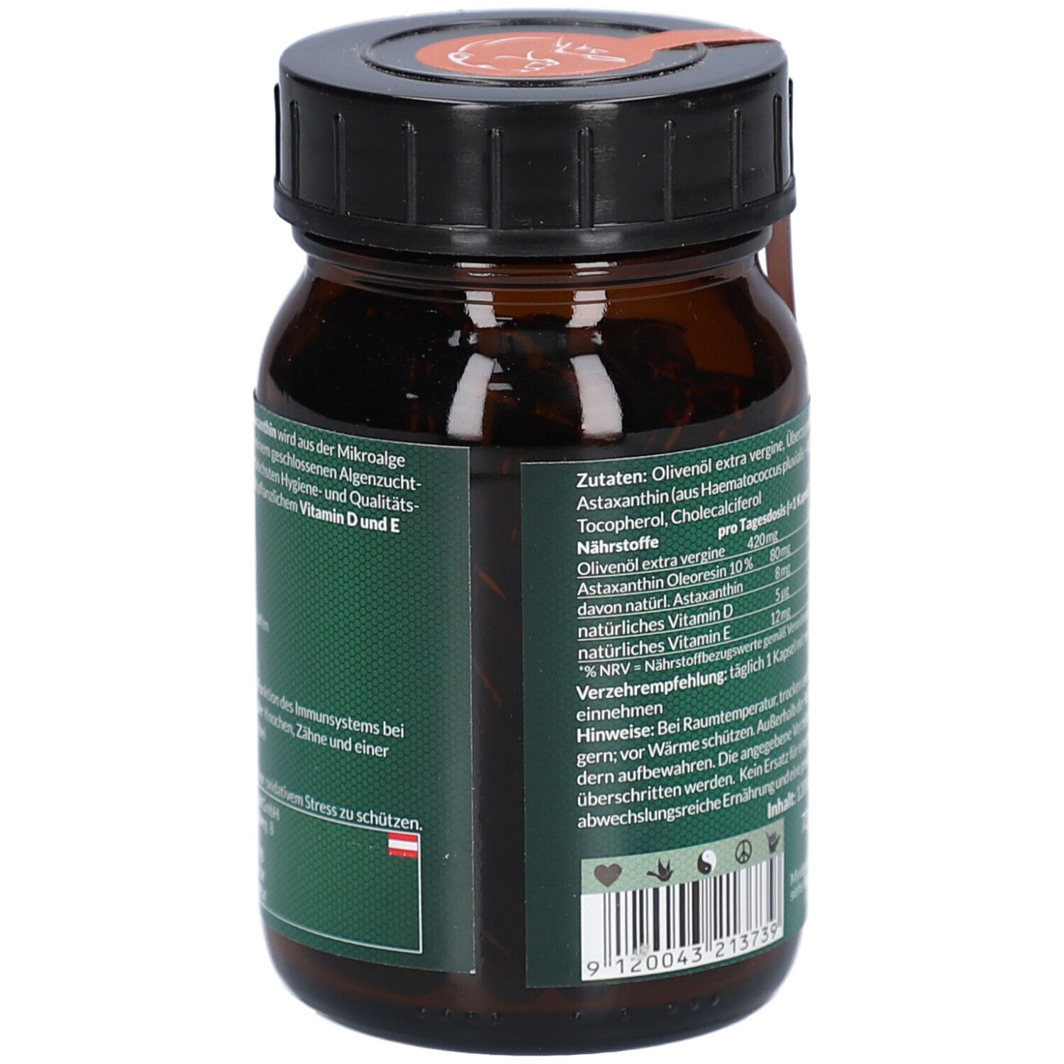 Flacon en verre brun avec bouchon noir. Vue détaillée de l'étiquette avec ingrédients et informations fabricant.