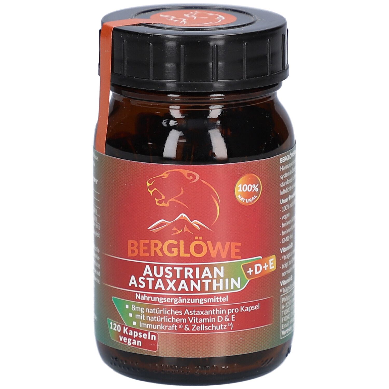 Flacon en verre brun avec bouchon noir. Étiquette "Berglöwe Austrian Astaxanthin" et "120 capsules".