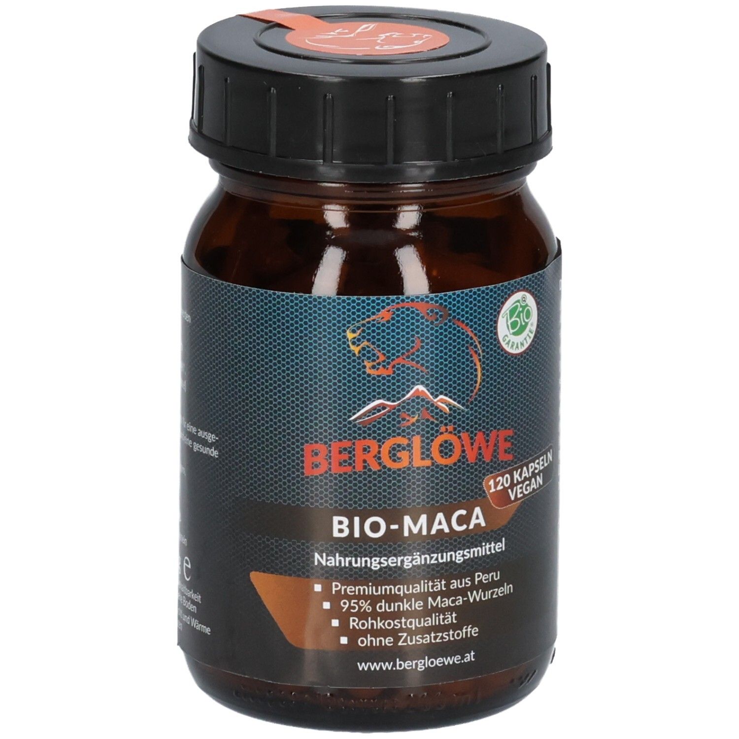 Braune Glasflasche mit schwarzem Deckel. Etikett mit Berglöwe-Logo und Schriftzug BIO-MACA. 120 Kapseln, vegan.