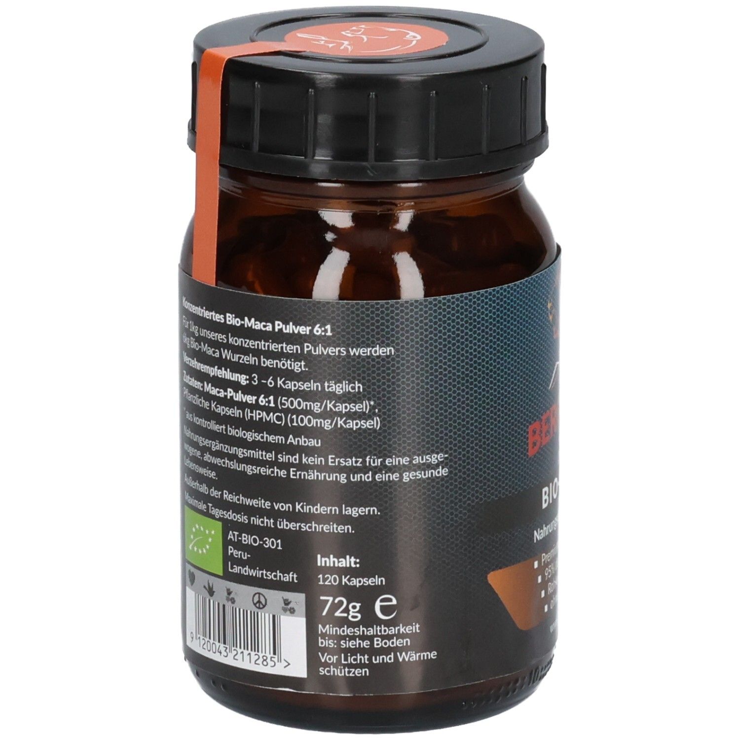 Rückansicht der braunen Glasflasche. Etikett mit Produktinformationen, Inhaltsangaben und Bio-Siegel. 120 Kapseln.