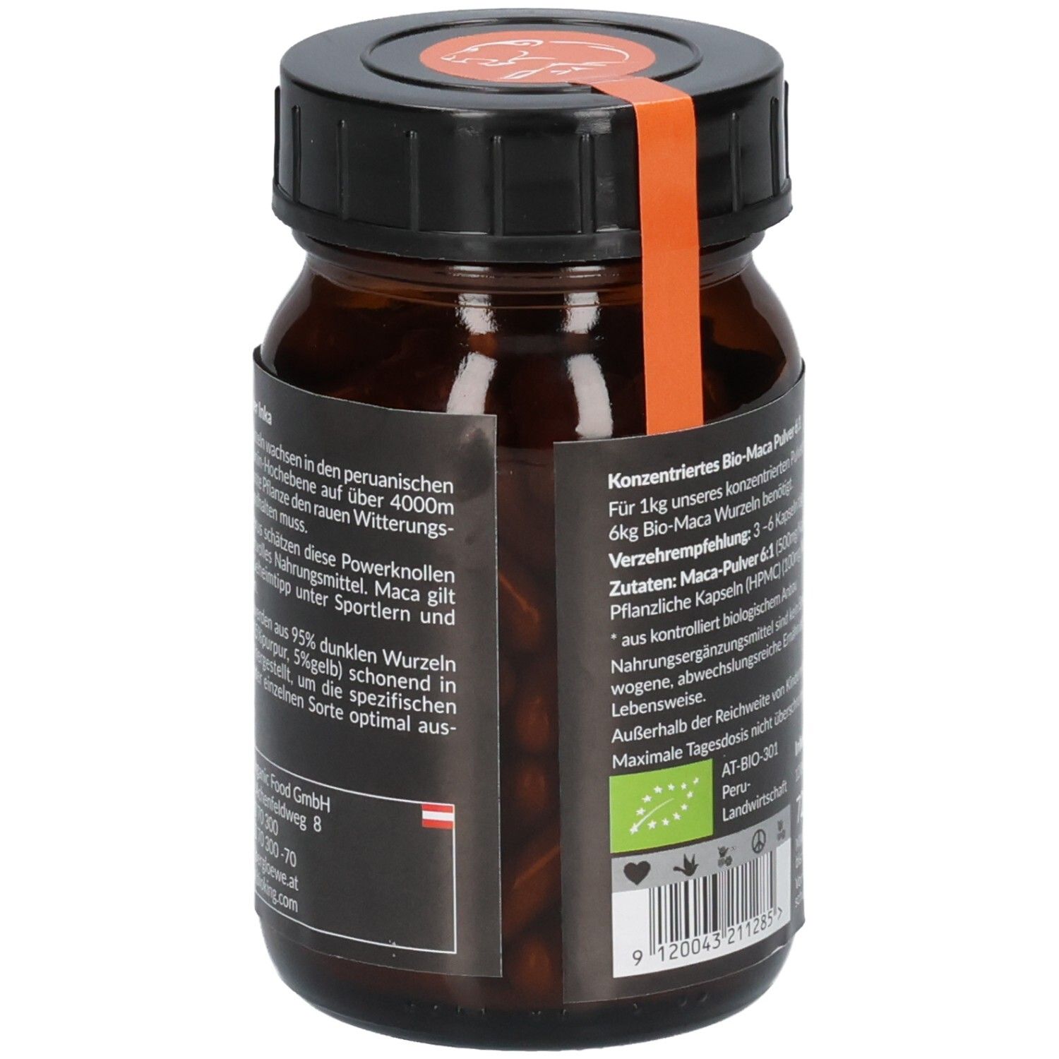 Braune Glasflasche mit schwarzem Deckel. Etikett mit Produktinformationen und Bio-Siegel. Kapseln sichtbar.