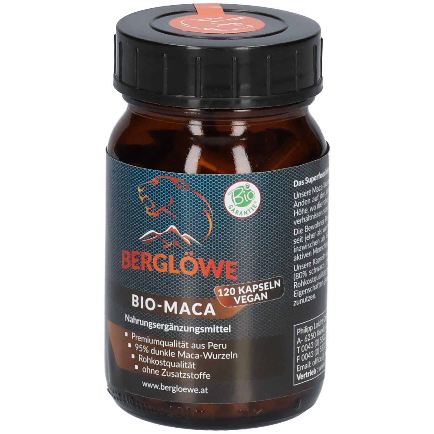 Braune Glasflasche mit schwarzem Deckel. Etikett mit Berglöwe-Logo und Schriftzug BIO-MACA. 120 Kapseln, vegan.